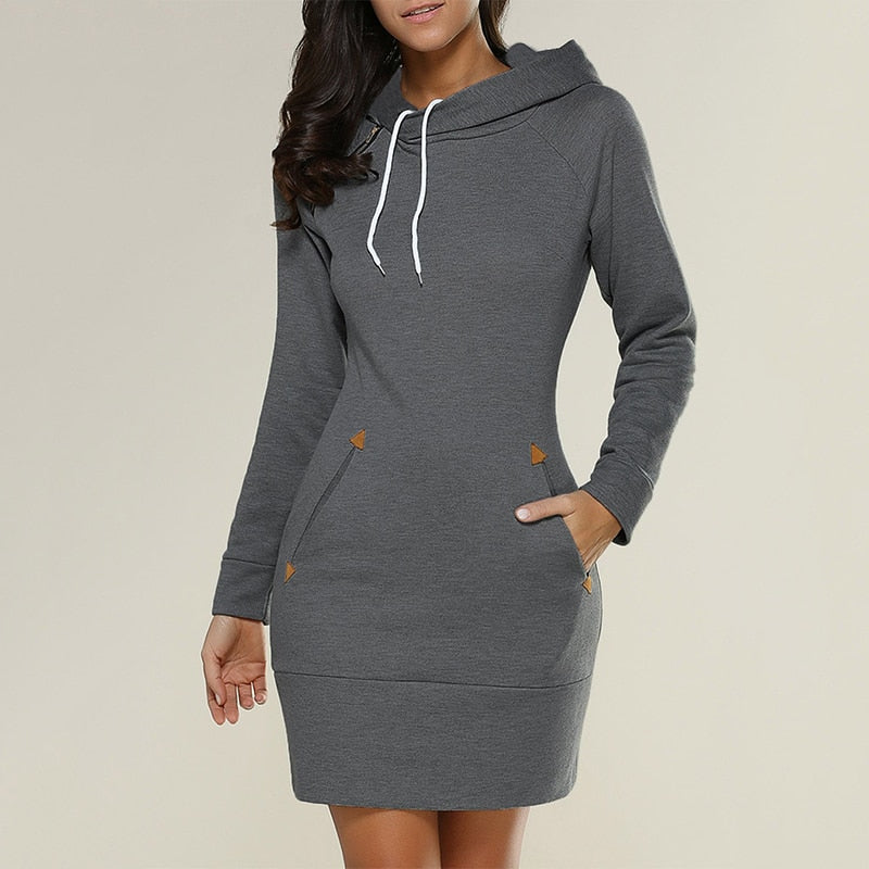 A stylish hooded warm sweatshirt long sleeve dress featuring a kangaroo pocket, knee-length cut, and casual design, perfect for spring and autumn.