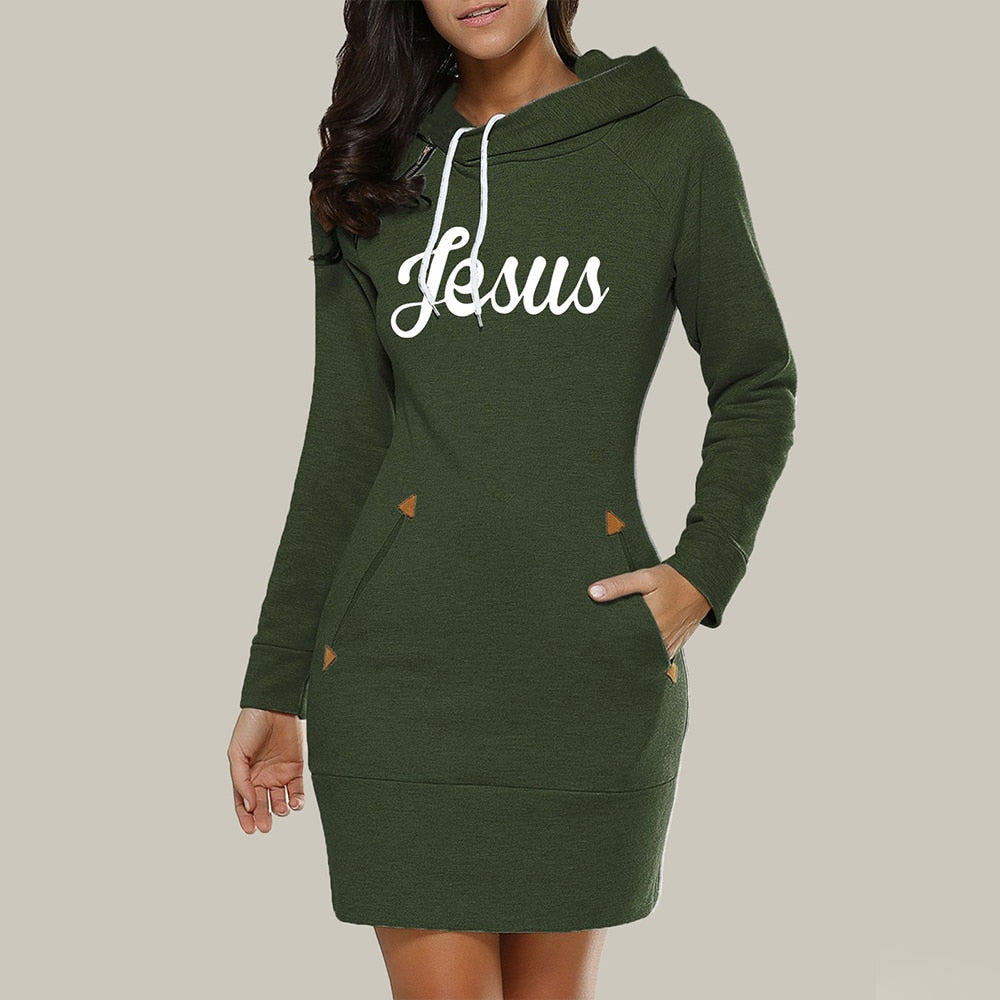 A stylish hooded warm sweatshirt long sleeve dress featuring a kangaroo pocket, knee-length cut, and casual design, perfect for spring and autumn.