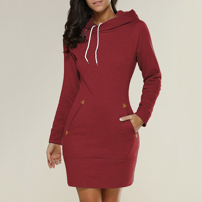 A stylish hooded warm sweatshirt long sleeve dress featuring a kangaroo pocket, knee-length cut, and casual design, perfect for spring and autumn.