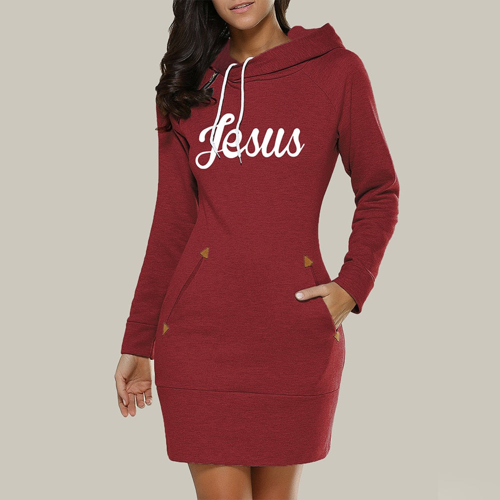 A stylish hooded warm sweatshirt long sleeve dress featuring a kangaroo pocket, knee-length cut, and casual design, perfect for spring and autumn.