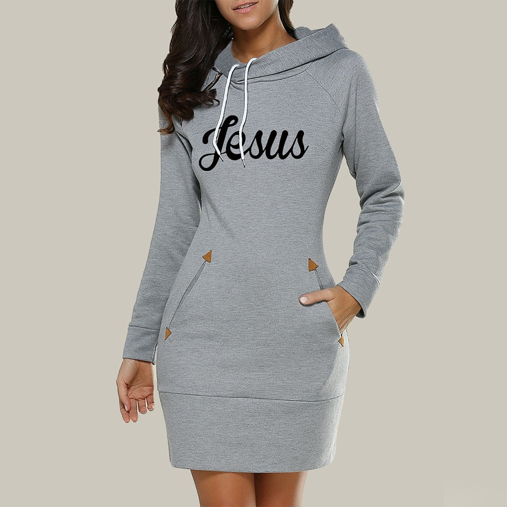 A stylish hooded warm sweatshirt long sleeve dress featuring a kangaroo pocket, knee-length cut, and casual design, perfect for spring and autumn.