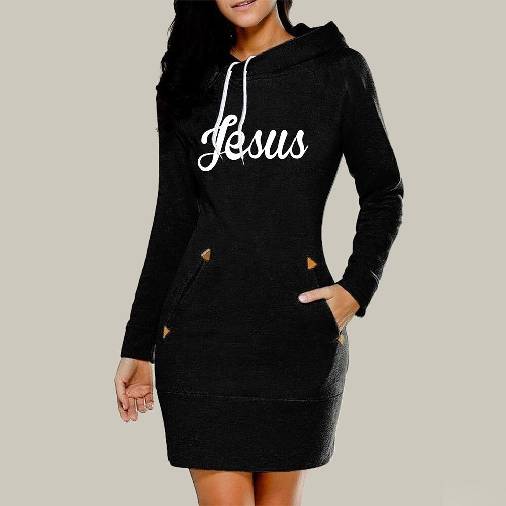 A stylish hooded warm sweatshirt long sleeve dress featuring a kangaroo pocket, knee-length cut, and casual design, perfect for spring and autumn.