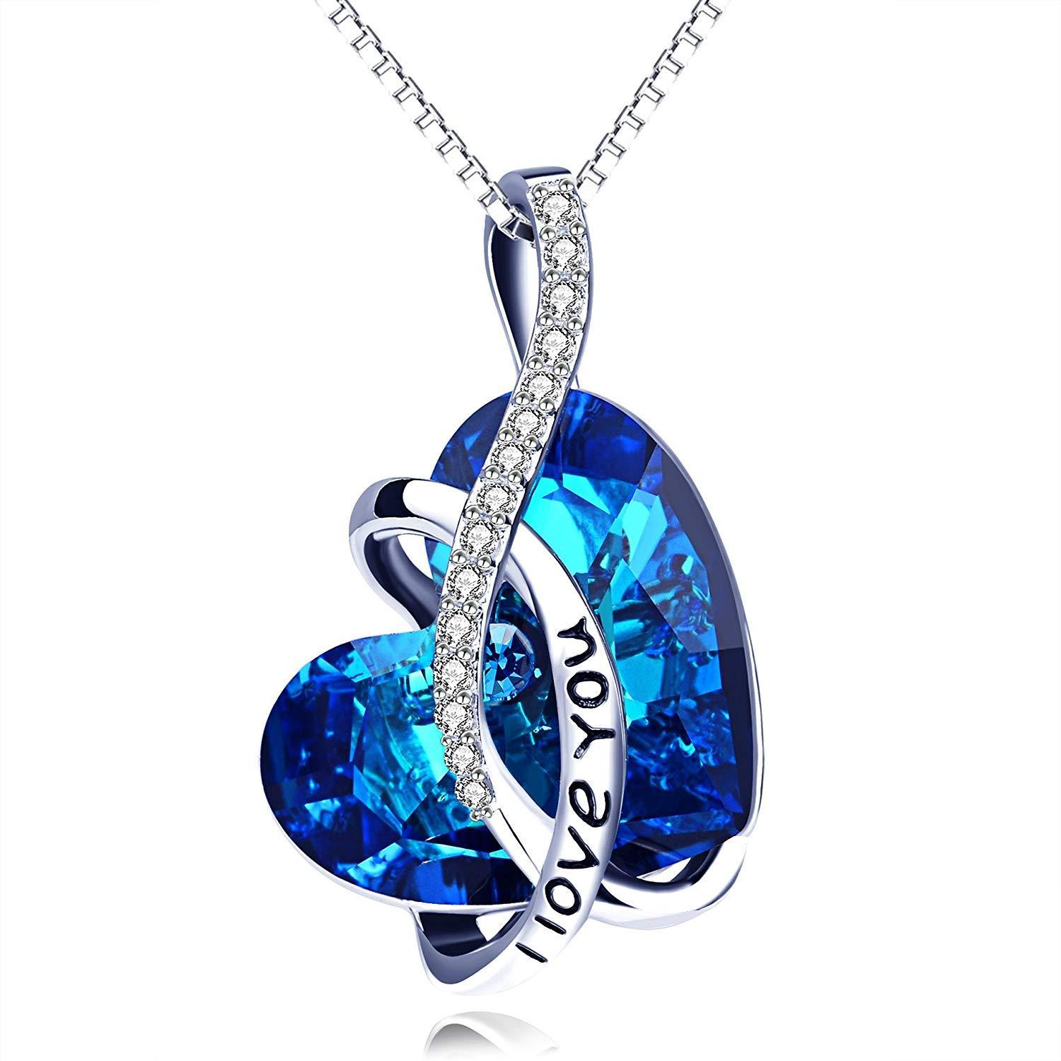 I LOVE YOU Blue Swarovski Crystal Heart Necklace in 18K White Gold, featuring a blue heart crystal and elegant design.