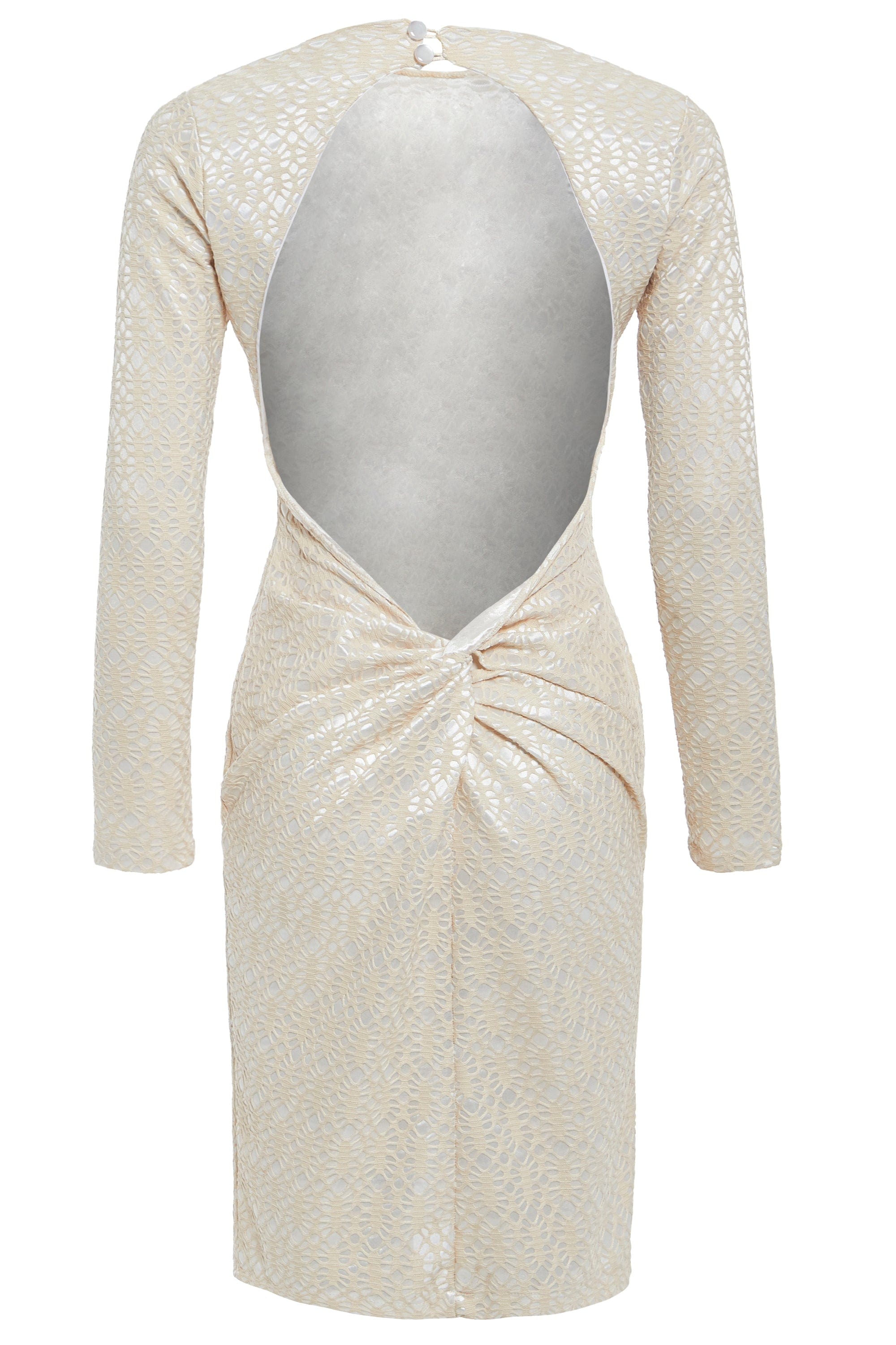 Ivory long sleeve backless dress with twisted knot detail, showcasing luxurious lace fabric and a bodycon fit.