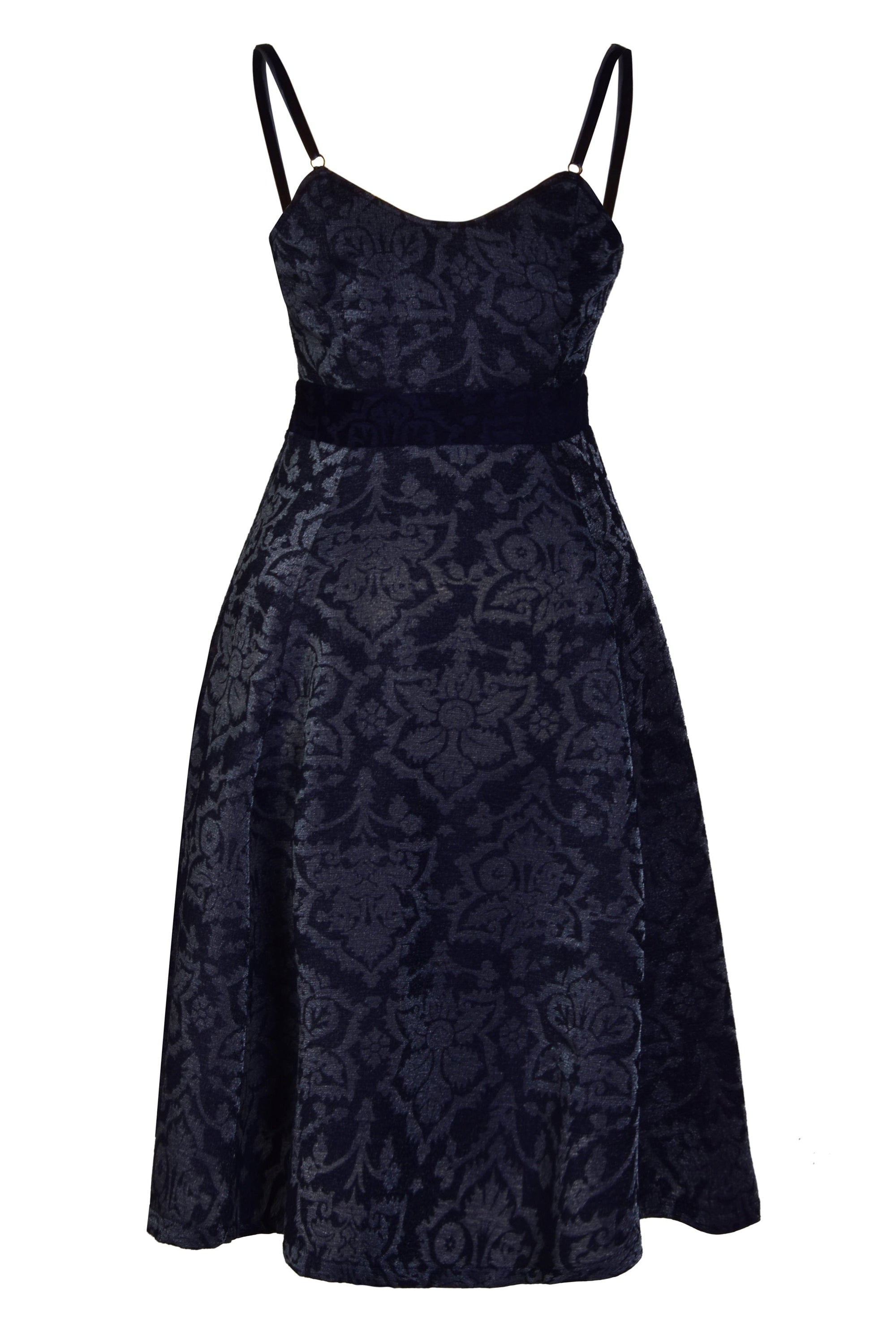 Elegant Jacquard Fit And Flare Dress with adjustable velvet straps and eco-friendly fabric, showcasing a vintage-inspired design.