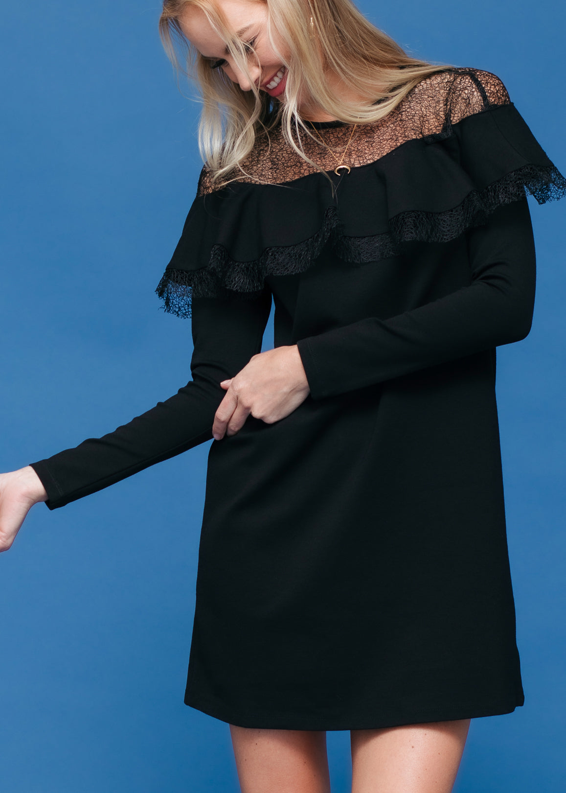 Black Lace Trim Sweatshirt Dress featuring sheer lace detailing and a comfortable fit, perfect for casual or dressy occasions.