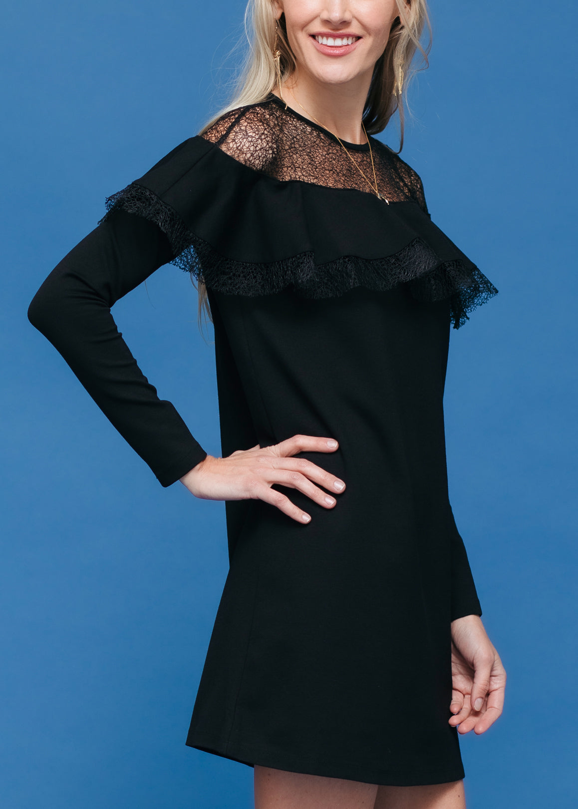 Black Lace Trim Sweatshirt Dress featuring sheer lace detailing and a comfortable fit, perfect for casual or dressy occasions.