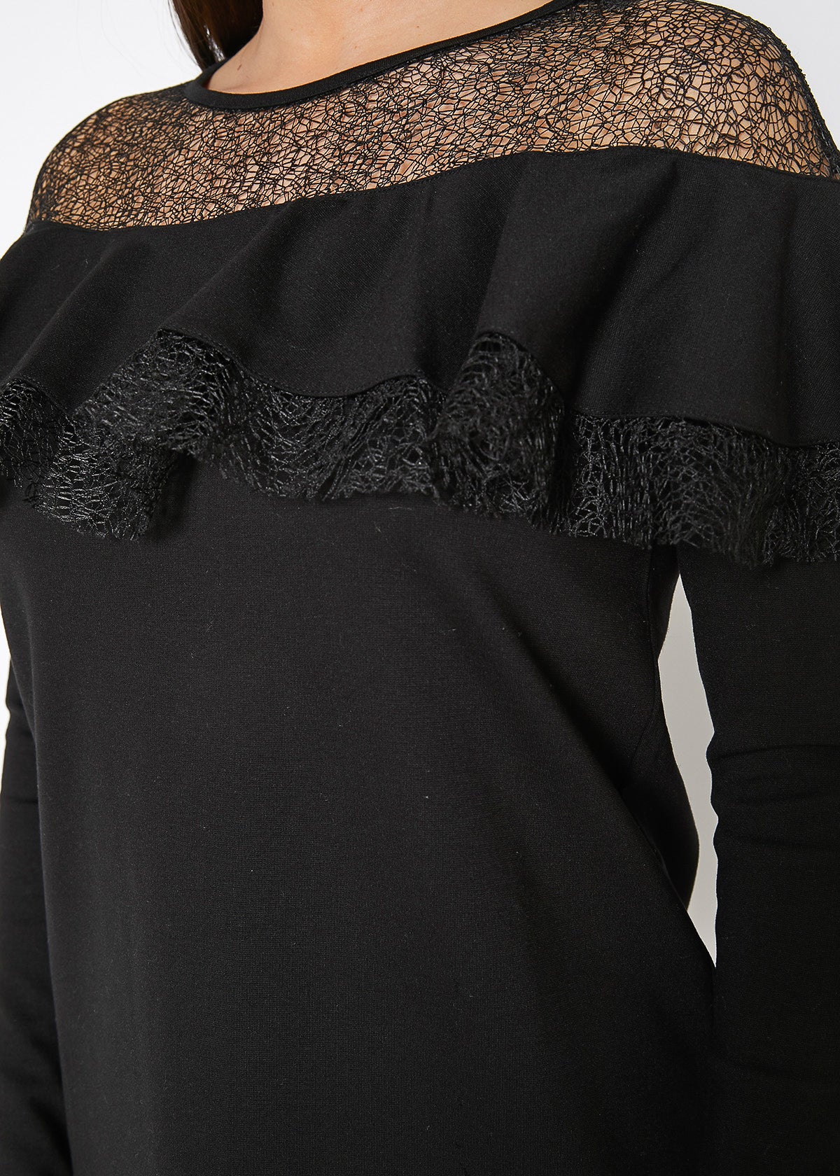 Black Lace Trim Sweatshirt Dress featuring sheer lace detailing and a comfortable fit, perfect for casual or dressy occasions.