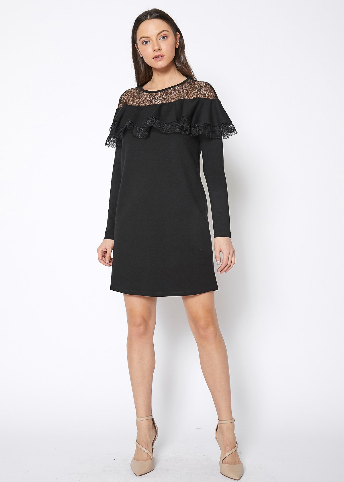 Black Lace Trim Sweatshirt Dress featuring sheer lace detailing and a comfortable fit, perfect for casual or dressy occasions.