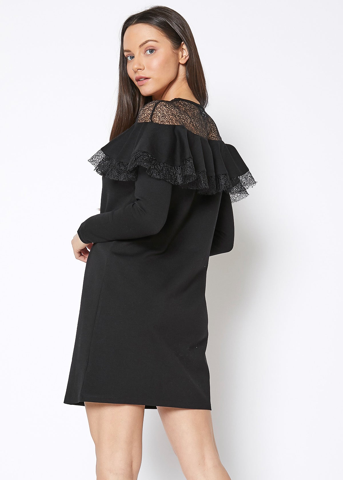 Black Lace Trim Sweatshirt Dress featuring sheer lace detailing and a comfortable fit, perfect for casual or dressy occasions.