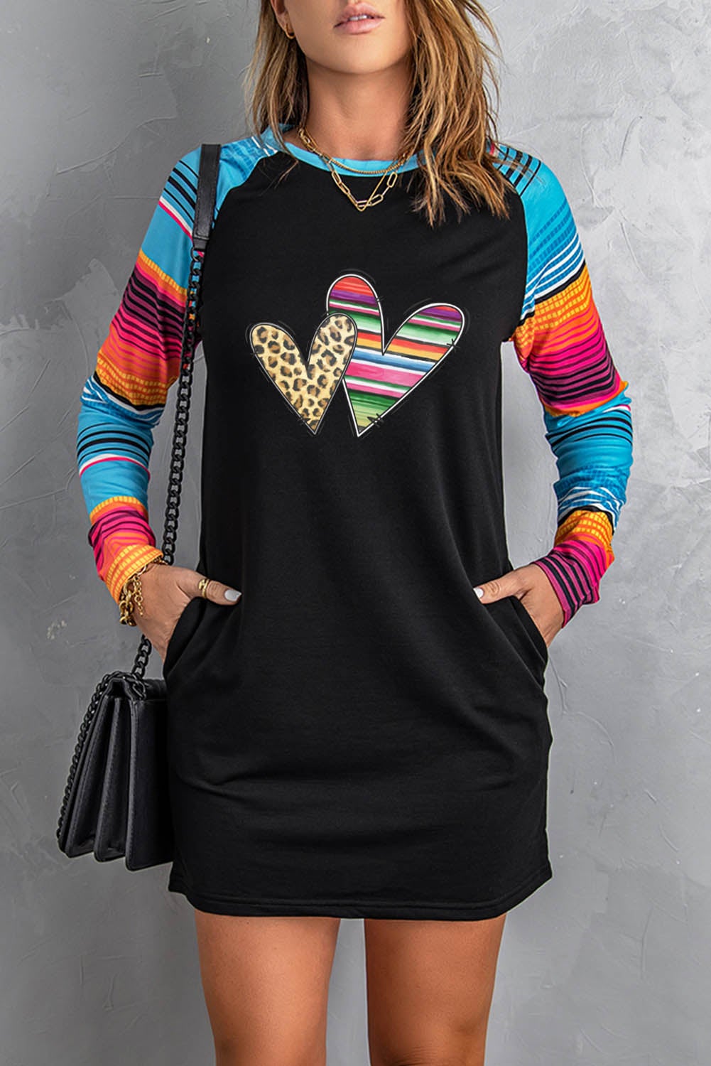 Leopard Serape Hearts Mini Dress featuring a stylish leopard print pattern and long sleeves, perfect for casual wear.