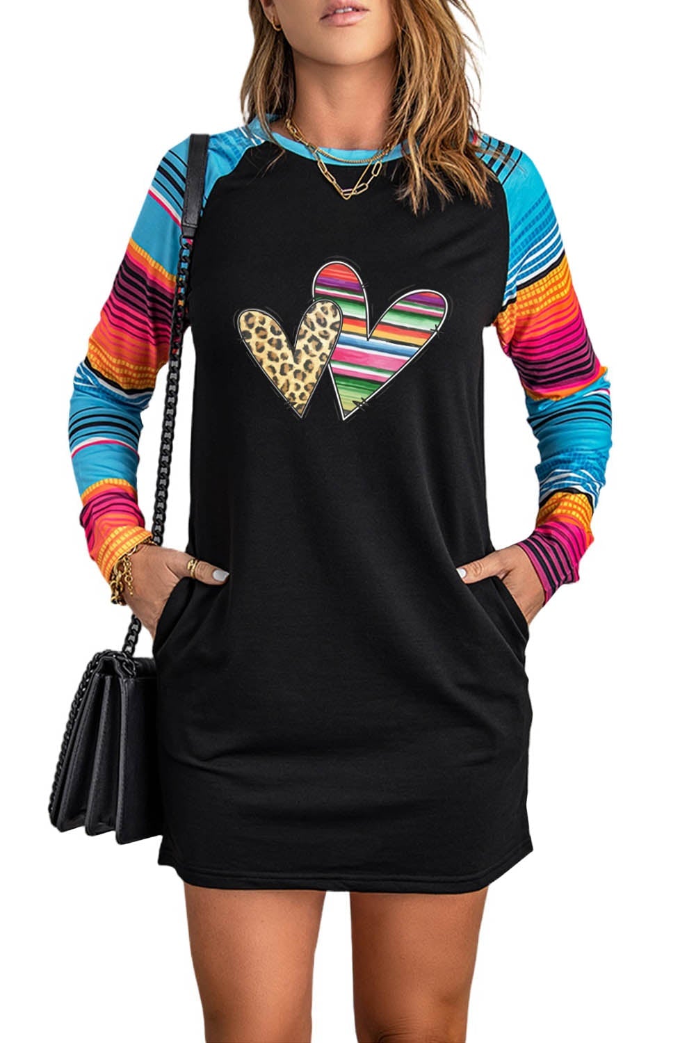 Leopard Serape Hearts Mini Dress featuring a stylish leopard print pattern and long sleeves, perfect for casual wear.