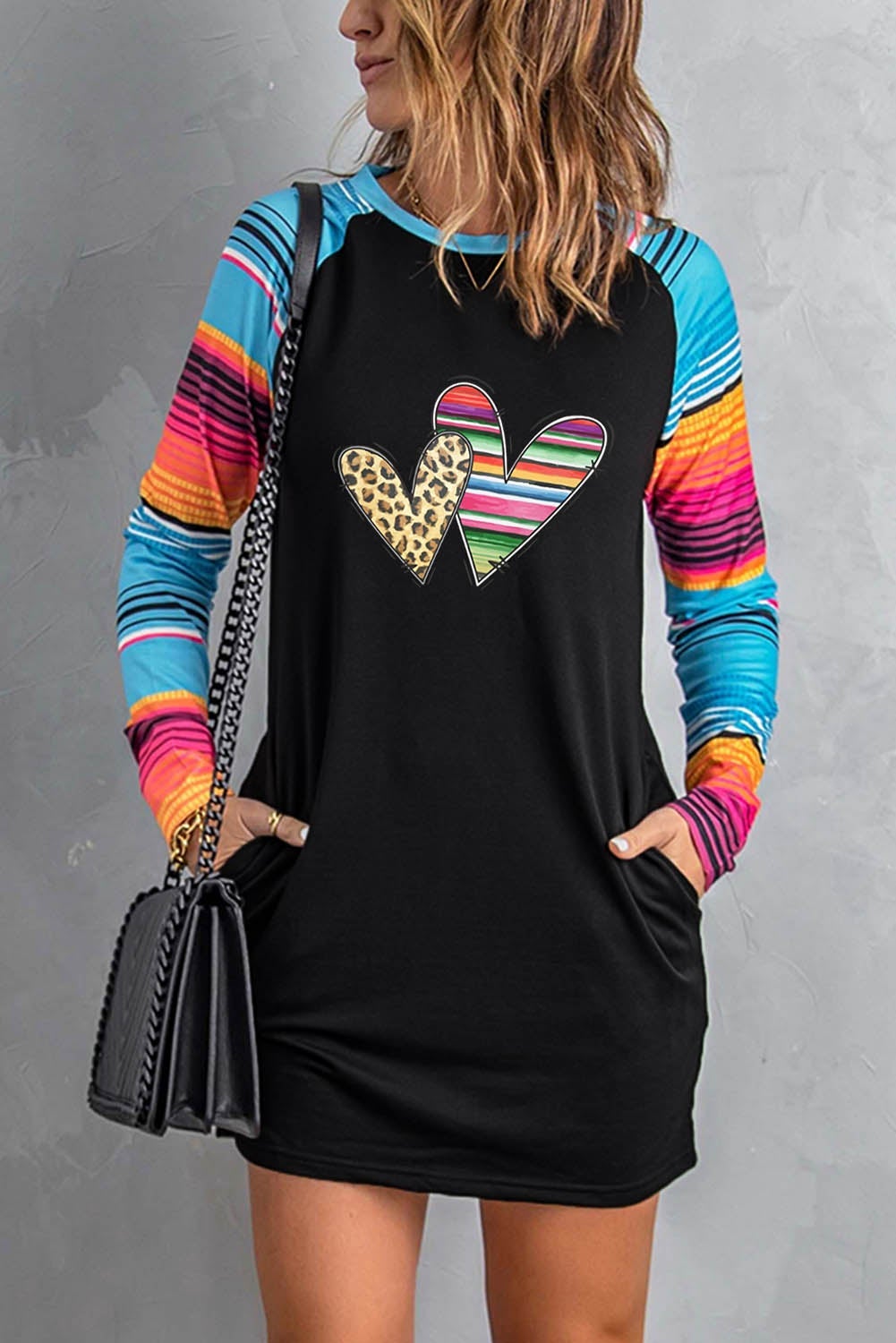 Leopard Serape Hearts Mini Dress featuring a stylish leopard print pattern and long sleeves, perfect for casual wear.