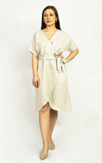 Light Grey linen wrap dress featuring a deep V-neckline, wide sleeves, and side pockets, made from eco-friendly European linen.