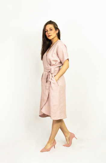 Light Grey linen wrap dress featuring a deep V-neckline, wide sleeves, and side pockets, made from eco-friendly European linen.