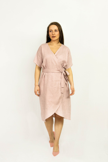 Light Grey linen wrap dress featuring a deep V-neckline, wide sleeves, and side pockets, made from eco-friendly European linen.