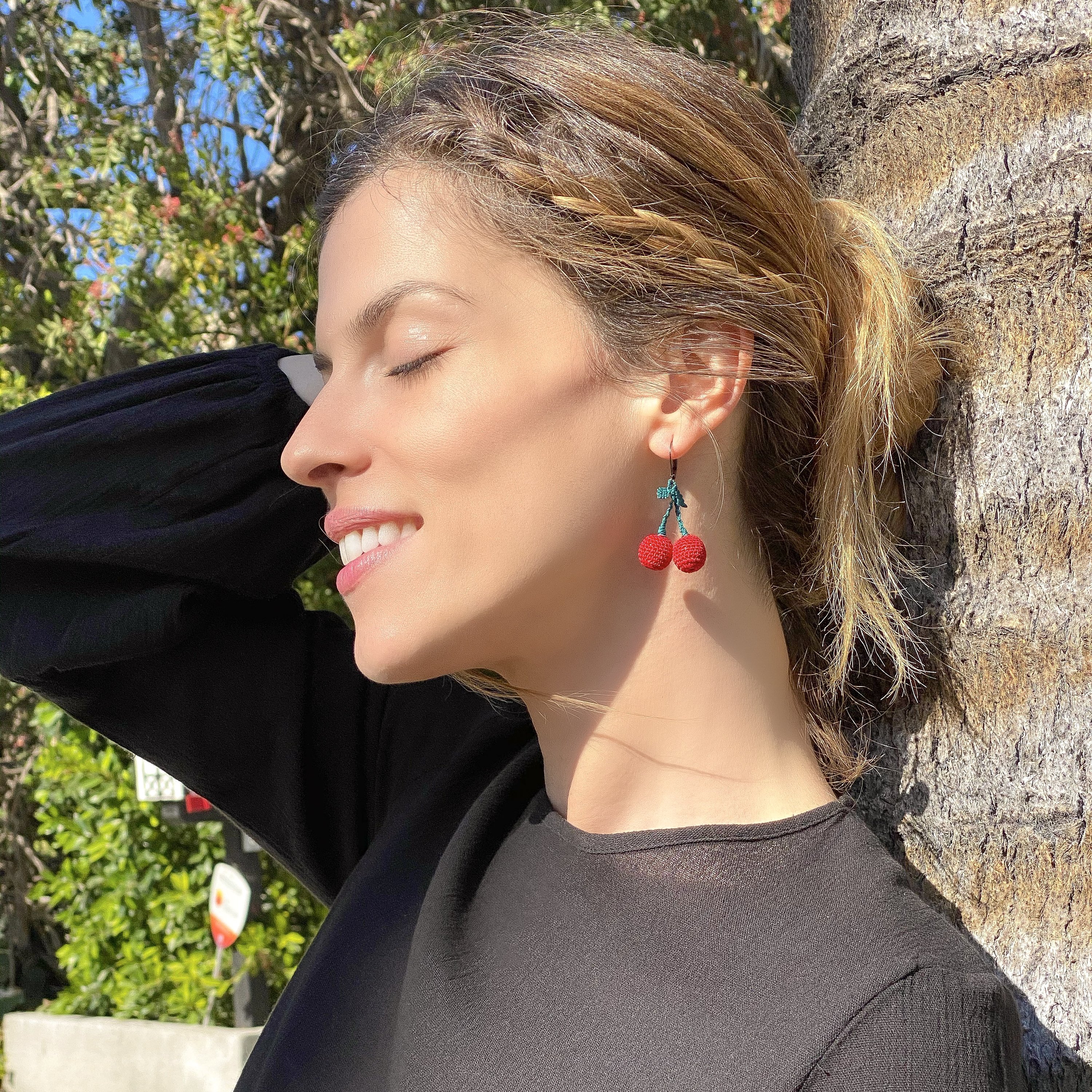 Lil Cherry Drop Earring, hand-embroidered cherry design, lightweight and stylish, perfect for day or night wear.