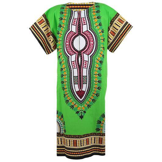 A vibrant green Handmade Dashiki Dress featuring intricate Dashiki prints, showcasing its long and flowing design.