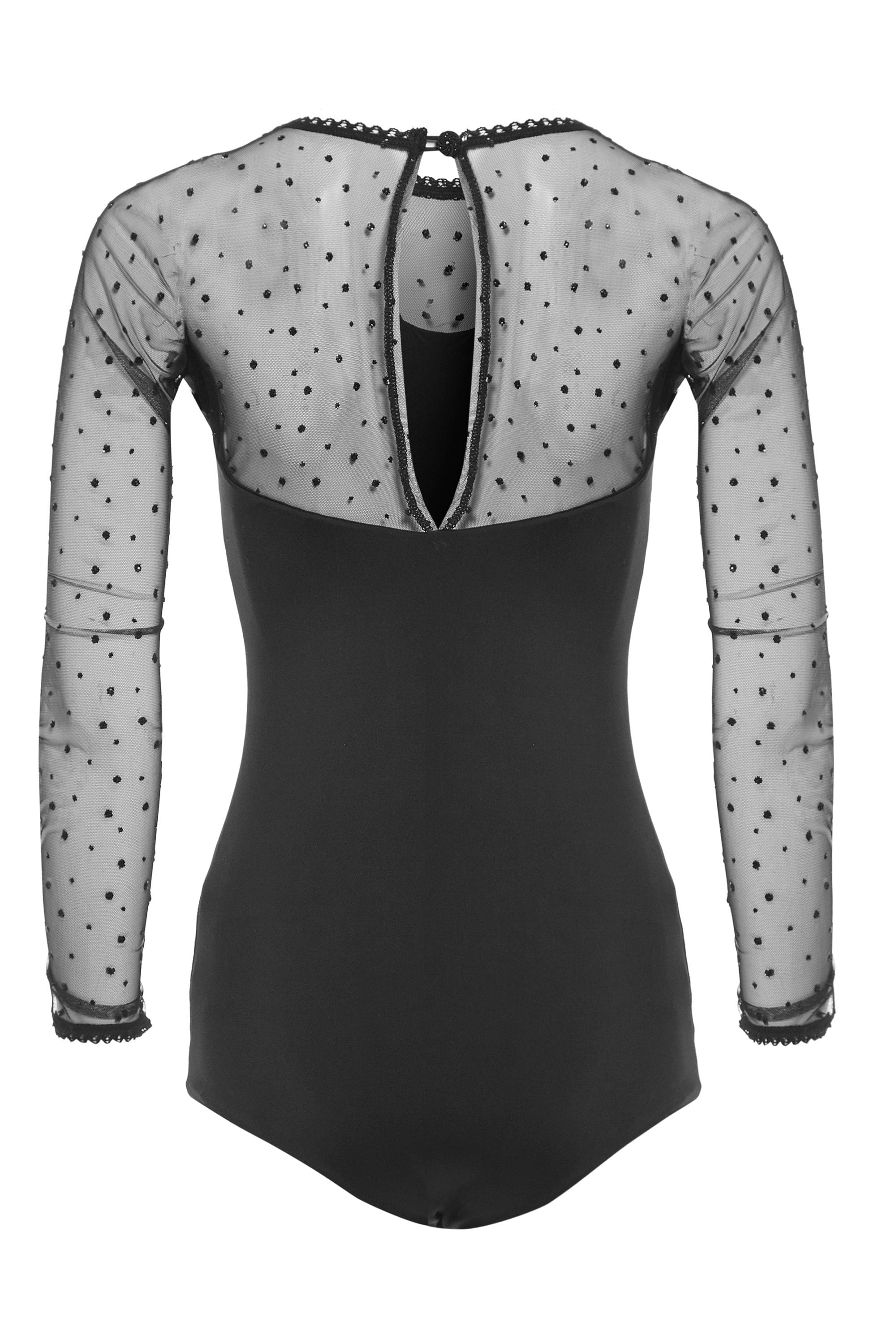 Long Sleeve Glitter Mesh Bodysuit featuring a sweetheart neckline and black glittery polka dots, elegantly displayed on a mannequin.