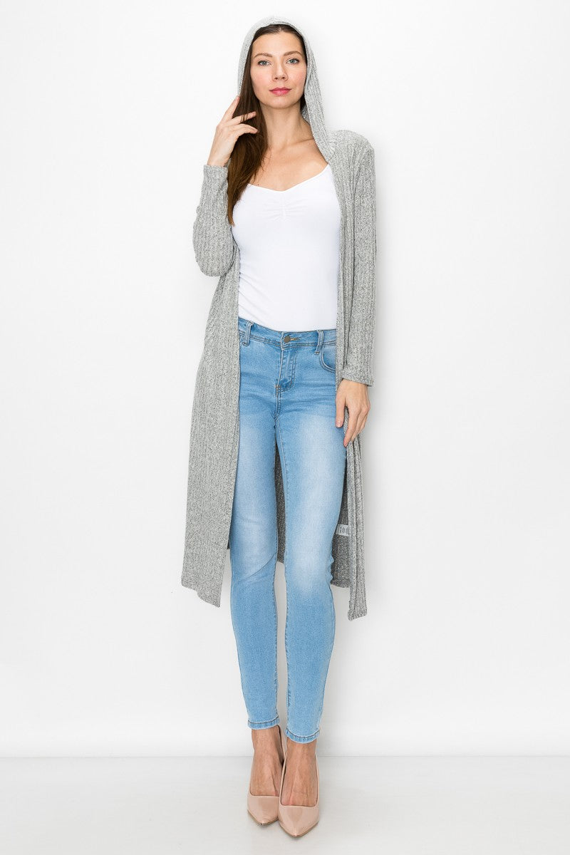 A stylish grey long sleeve hooded cardigan, knee-length, perfect for casual wear.