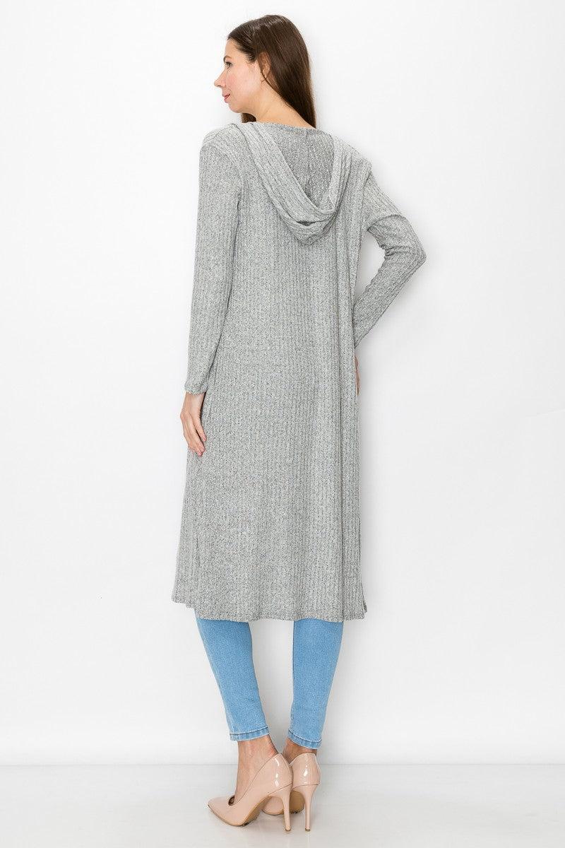 A stylish grey long sleeve hooded cardigan, knee-length, perfect for casual wear.