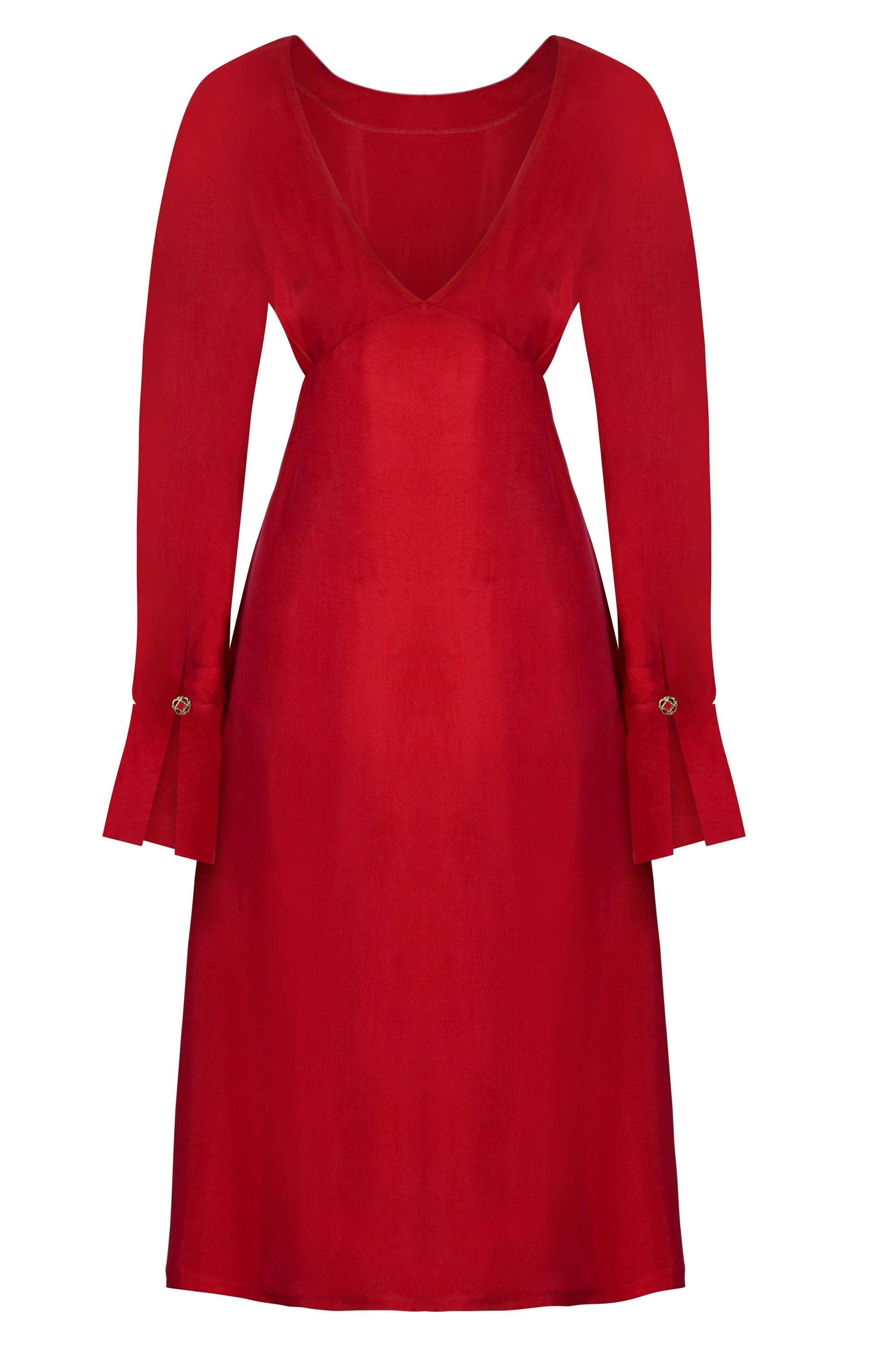 Shay Long Sleeve Midi Dress in red, featuring a backless design and cinched waist, showcasing eco-friendly fabric.