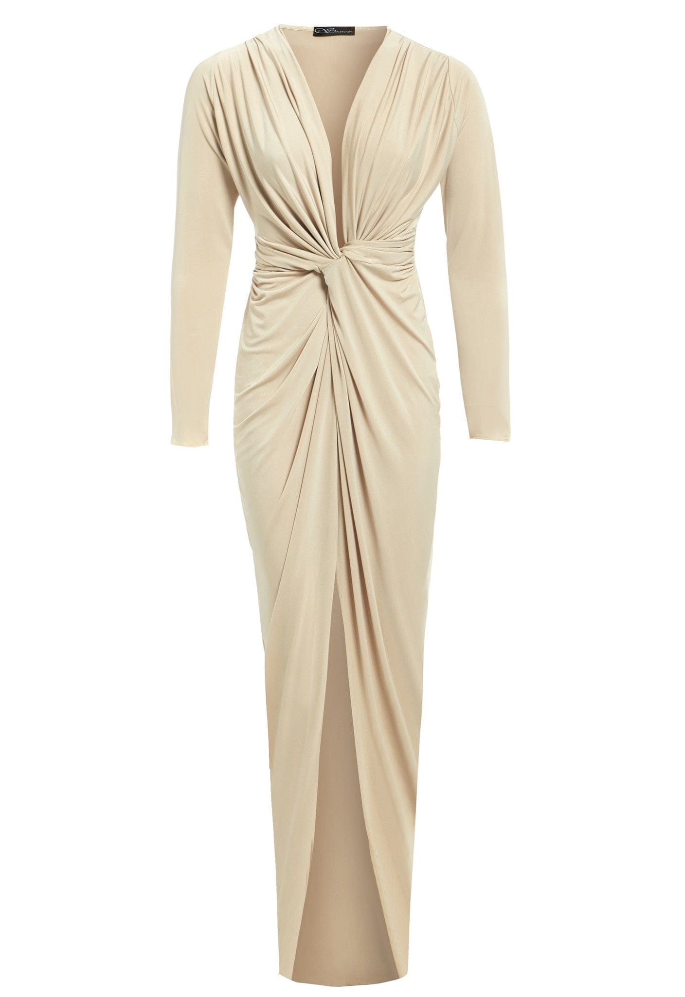 Bianca low cut dress with plunging neckline in Stone color, featuring a knot front design and thigh-high slit, elegantly displayed on a model.