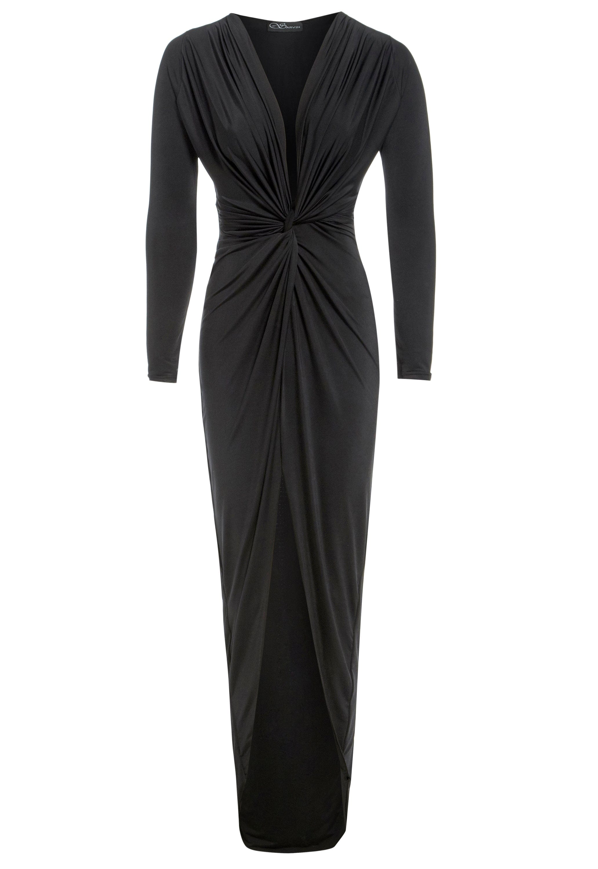 Bianca low cut dress with plunging neckline in Stone color, featuring a knot front design and thigh-high slit, elegantly displayed on a model.