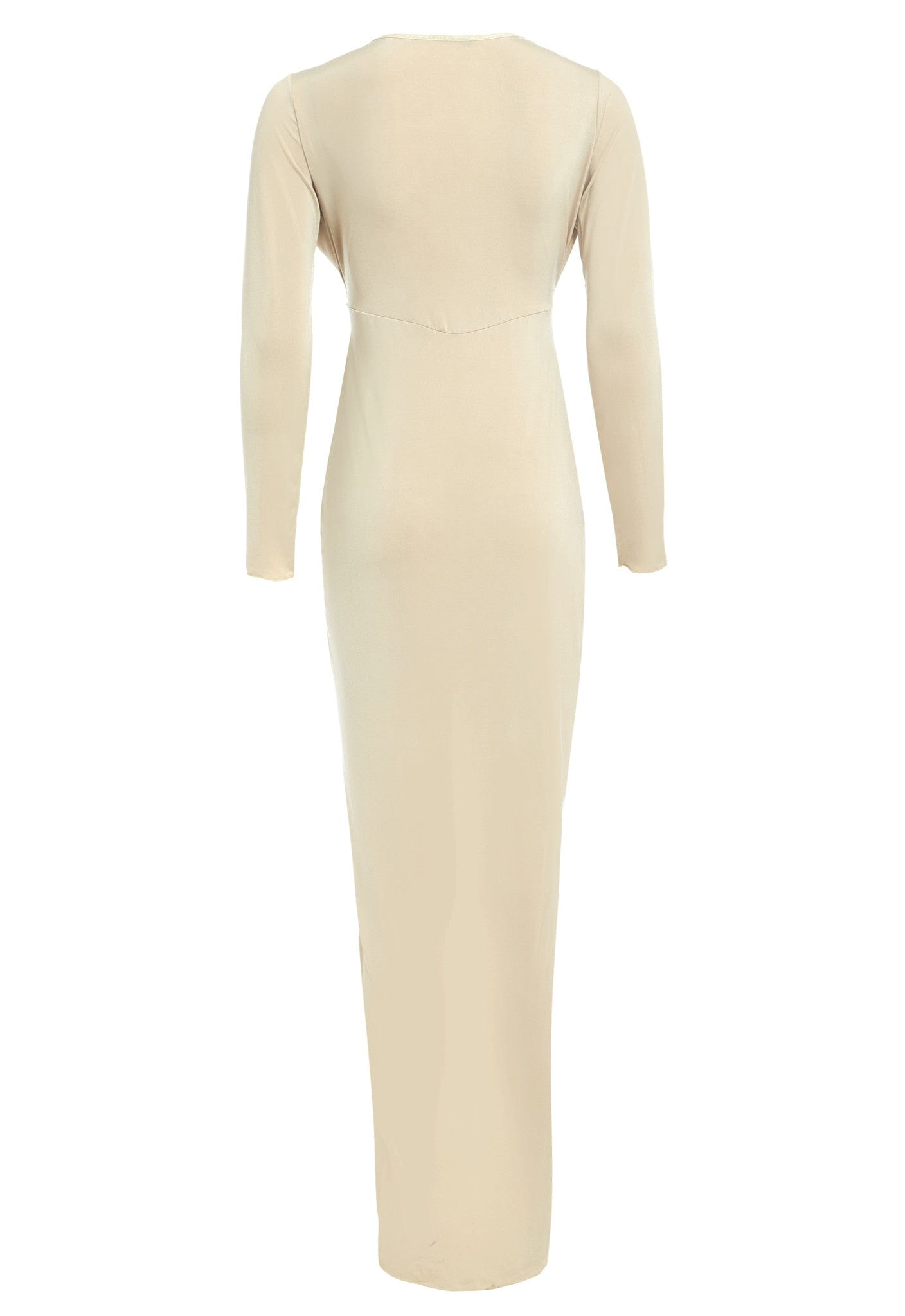 Bianca low cut dress with plunging neckline in Stone color, featuring a knot front design and thigh-high slit, elegantly displayed on a model.