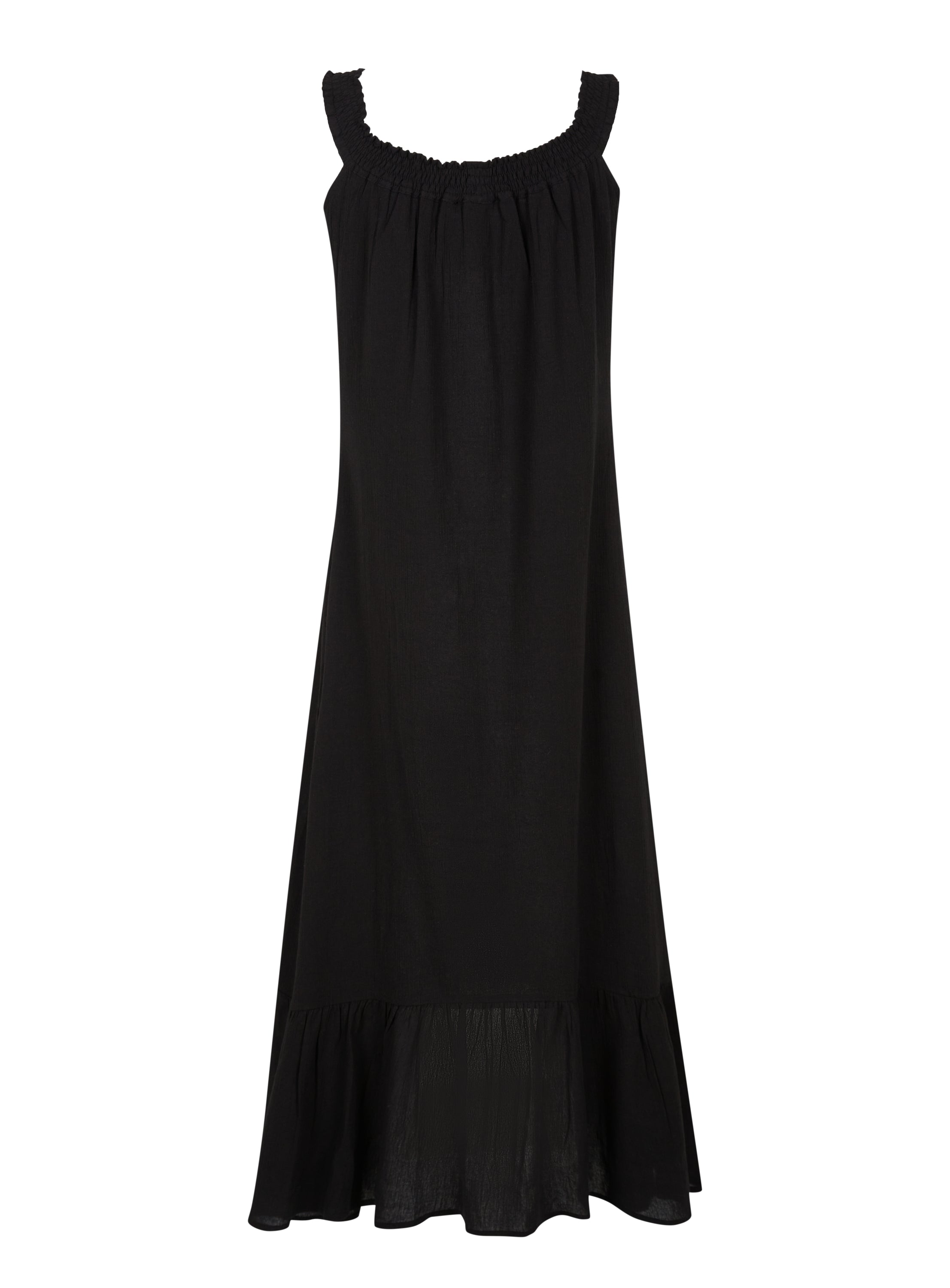 A stylish black MALIBU MAXI DRESS featuring a scooped neckline, shirred detailing, and mother-of-pearl buttons, perfect for sunny occasions.