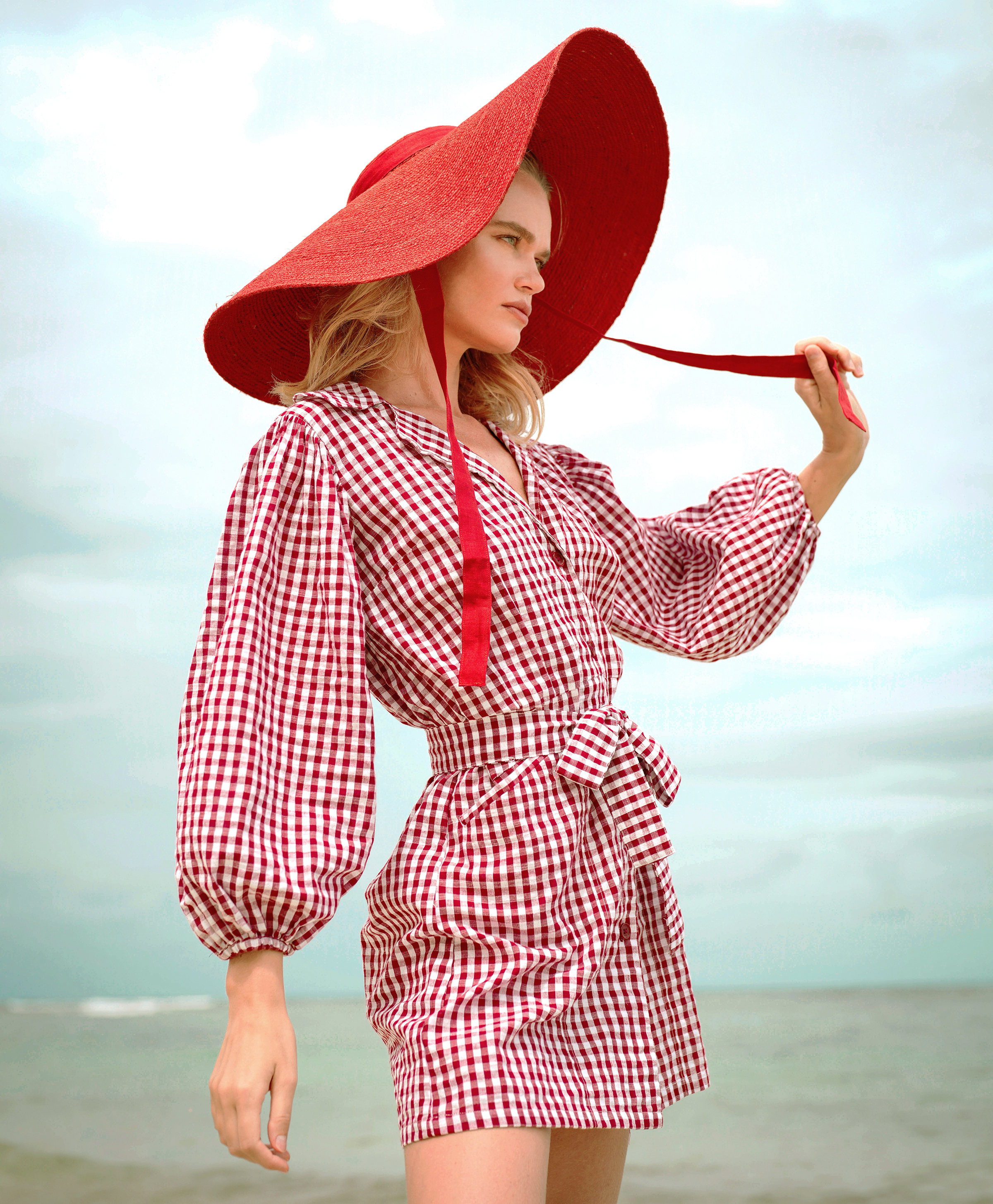 A stylish MEGHAN Mini Dress in Gingham Red featuring puff sleeves and a chic short skirt with bow detailing.