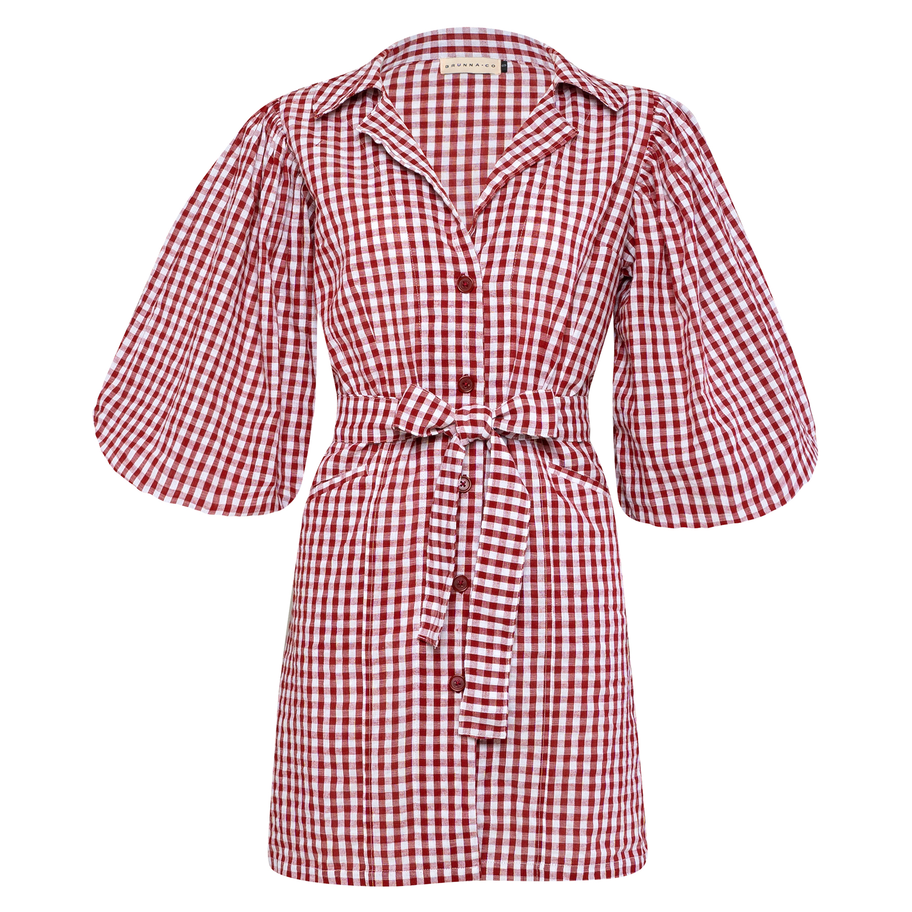 A stylish MEGHAN Mini Dress in Gingham Red featuring puff sleeves and a chic short skirt with bow detailing.