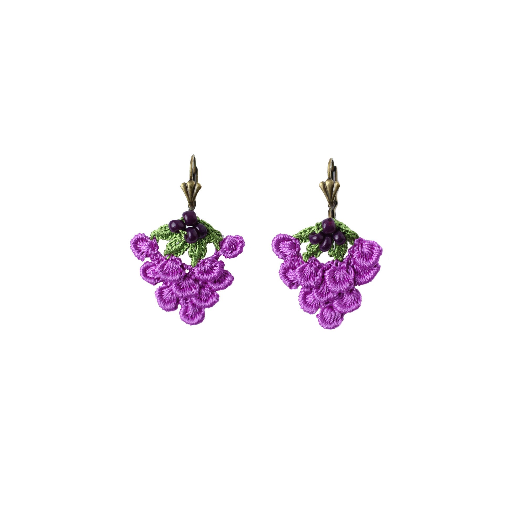 A pair of Merlot Beaded Earrings featuring hand-embroidered grape designs, lightweight and stylish, perfect for wine lovers.