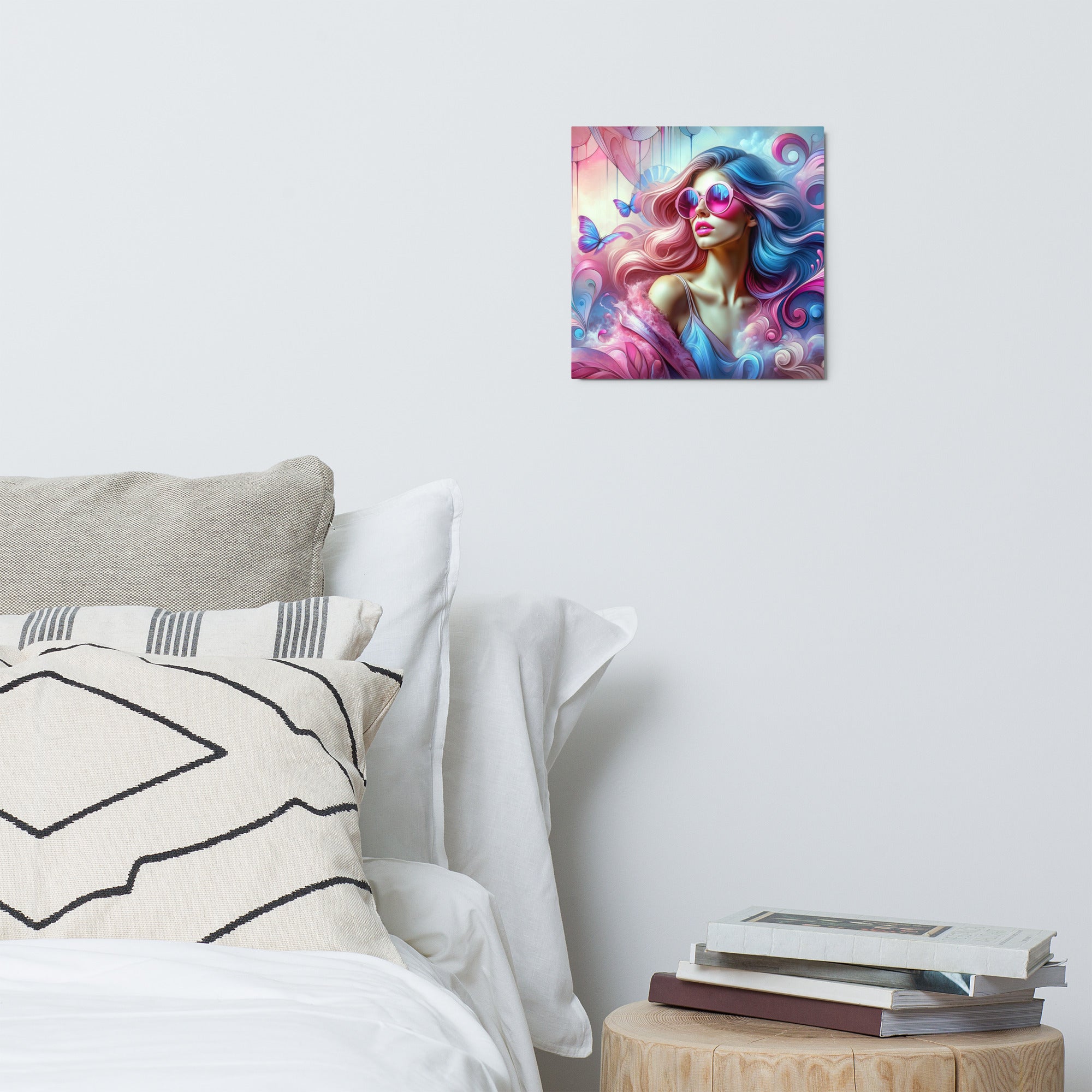 A vibrant metal print showcasing a colorful abstract design, mounted on a wall with a sleek MDF wood frame, demonstrating its dimensional quality.