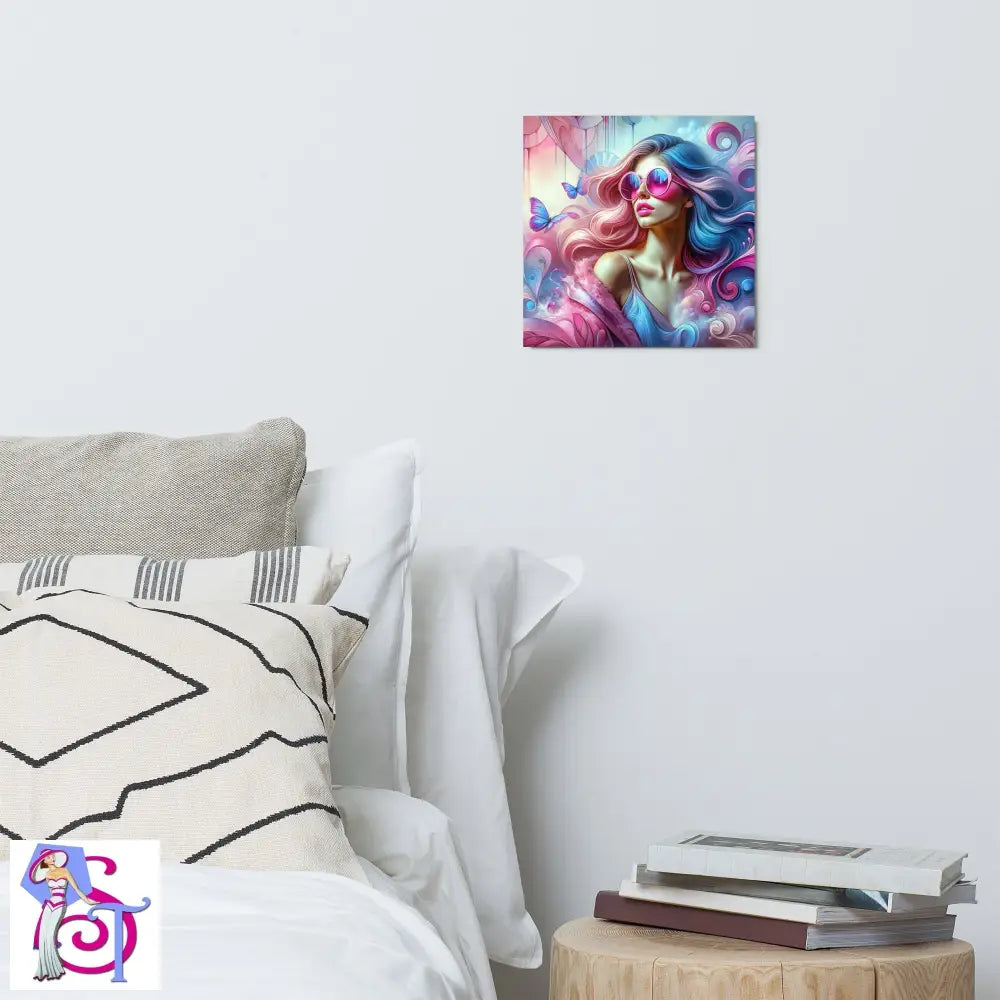 A vibrant metal print showcasing a colorful abstract design, mounted on a wall with a sleek MDF wood frame, demonstrating its dimensional quality.