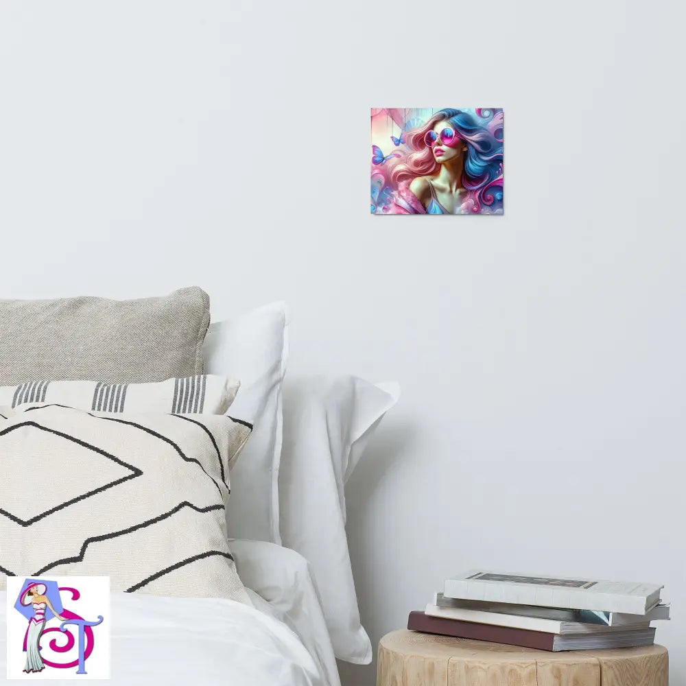 A vibrant metal print showcasing a colorful abstract design, mounted on a wall with a sleek MDF wood frame, demonstrating its dimensional quality.