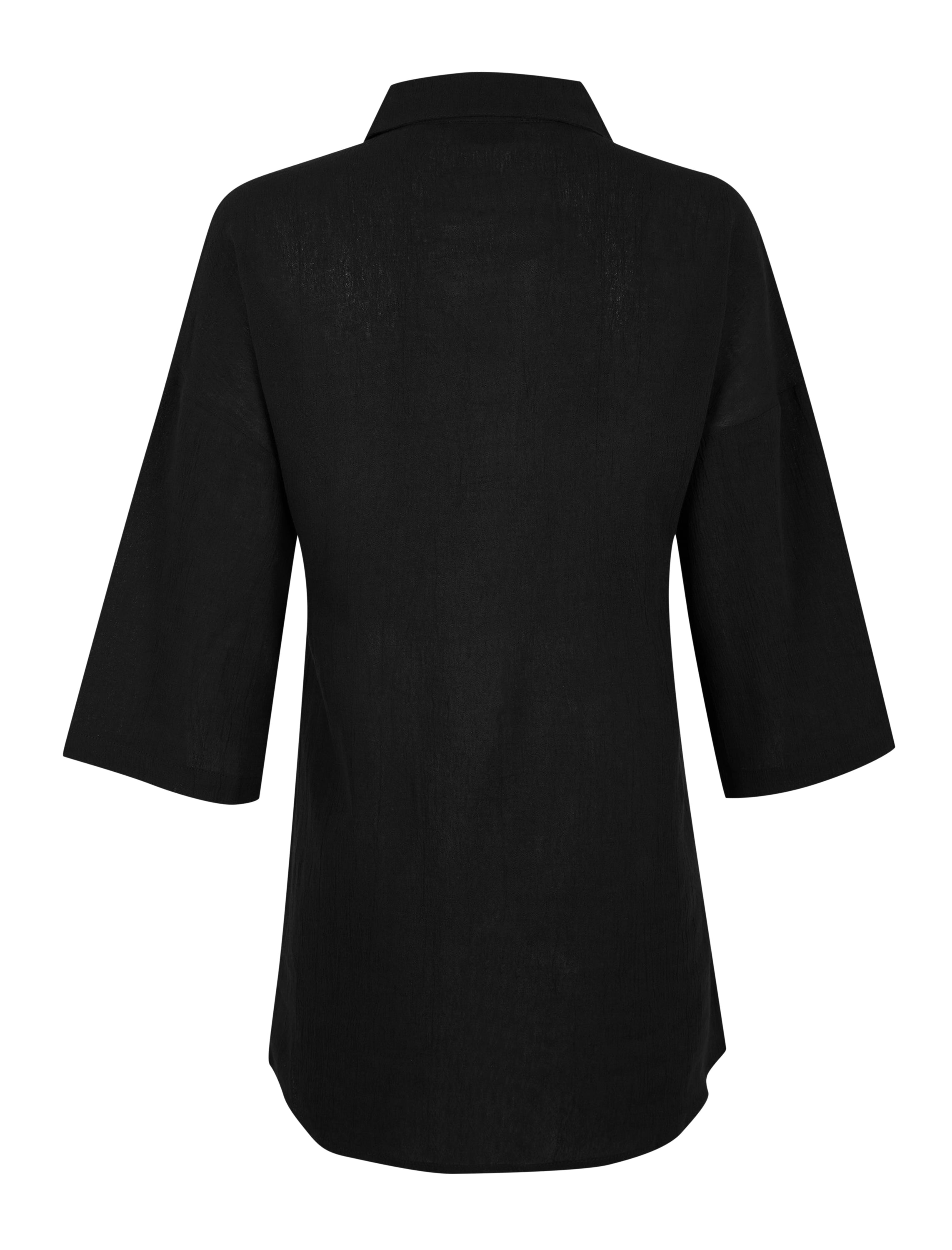 MIA MINI DRESS in black with draped panels and V-neckline, made from breathable cotton.