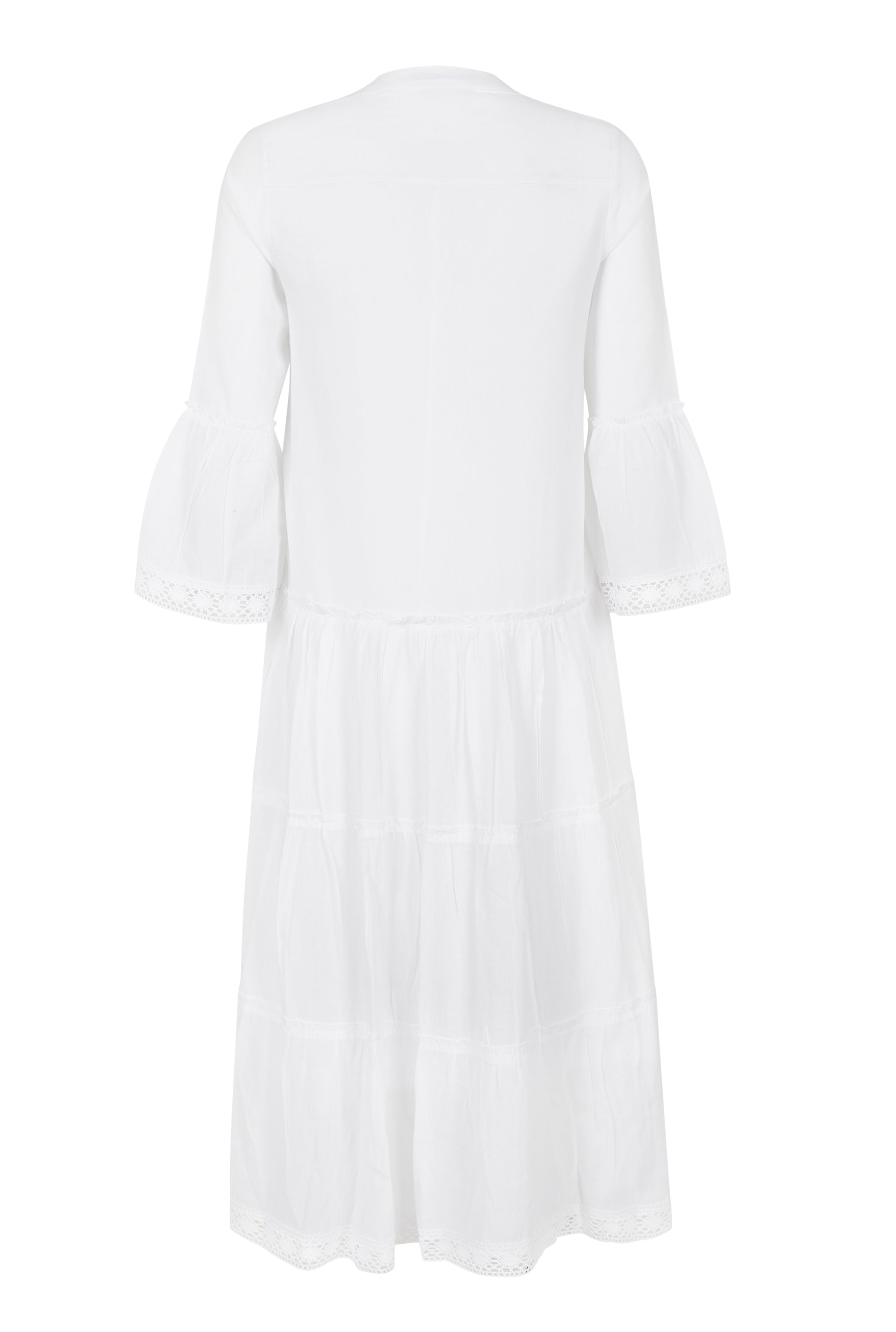 MIKA MAXI DRESS in white featuring a V-neckline and tiered skirt, made from 100% cotton-voile, perfect for warm weather.