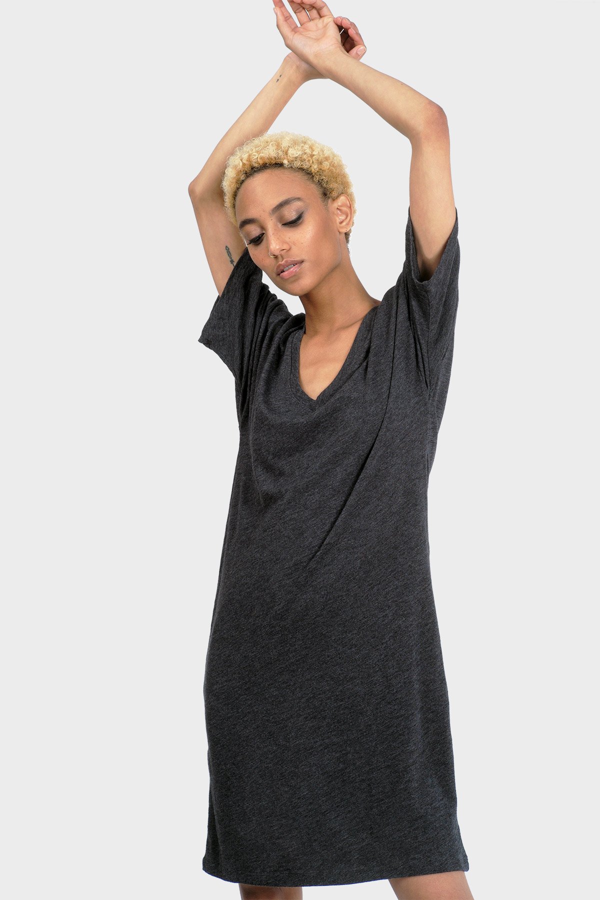 MIKA Organic T-Shirt Dress featuring a relaxed fit, v-neck, and above-knee length, made from organic cotton and bamboo rayon.