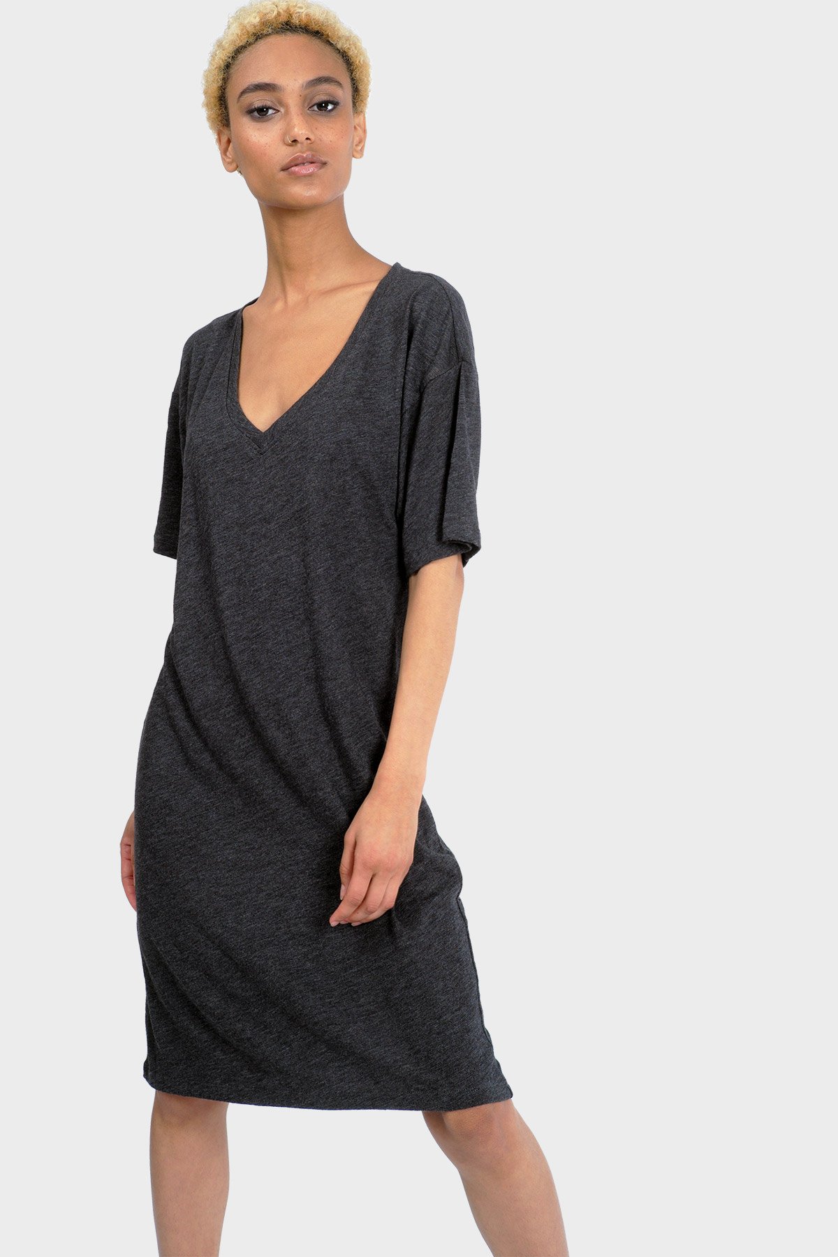 MIKA Organic T-Shirt Dress featuring a relaxed fit, v-neck, and above-knee length, made from organic cotton and bamboo rayon.