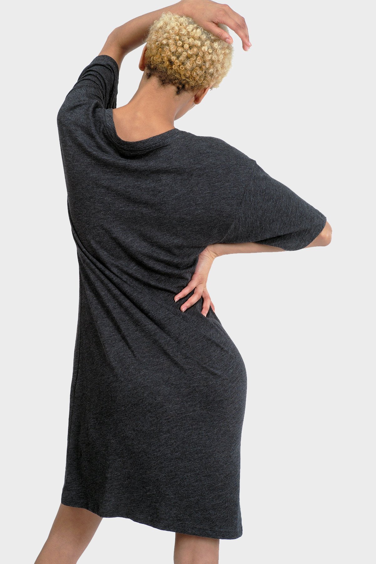 MIKA Organic T-Shirt Dress featuring a relaxed fit, v-neck, and above-knee length, made from organic cotton and bamboo rayon.