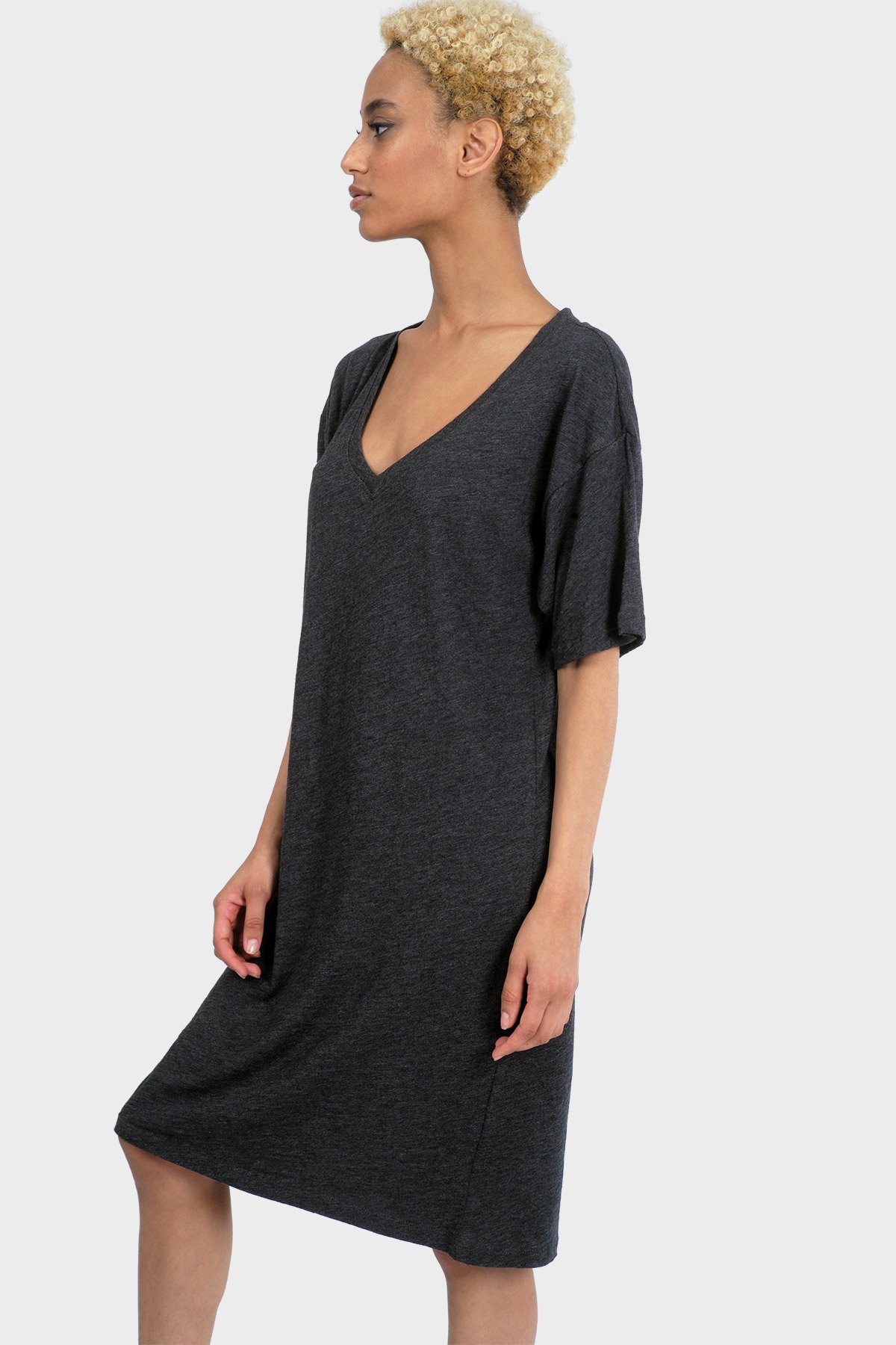 MIKA Organic T-Shirt Dress featuring a relaxed fit, v-neck, and above-knee length, made from organic cotton and bamboo rayon.