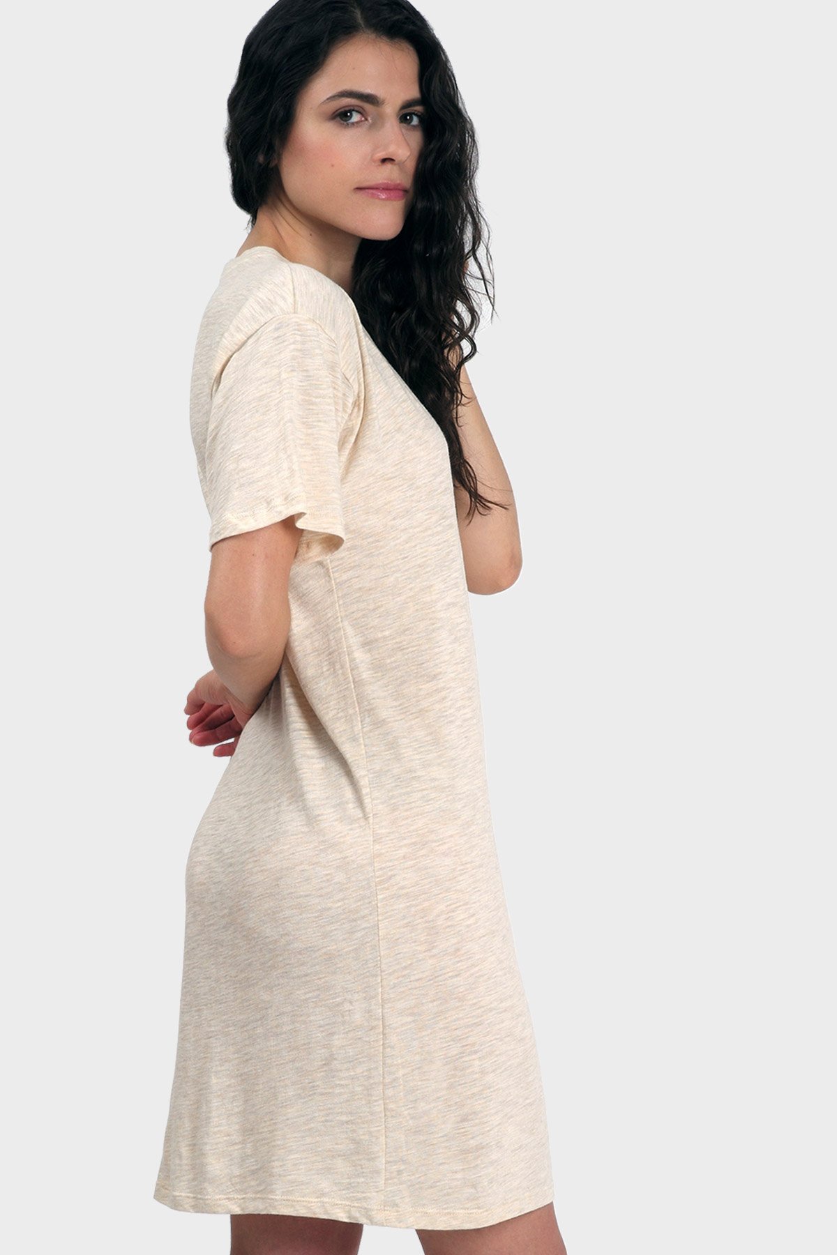 MIKA Organic T-Shirt Dress featuring a relaxed fit, v-neck, and above-knee length, made from organic cotton and bamboo rayon.