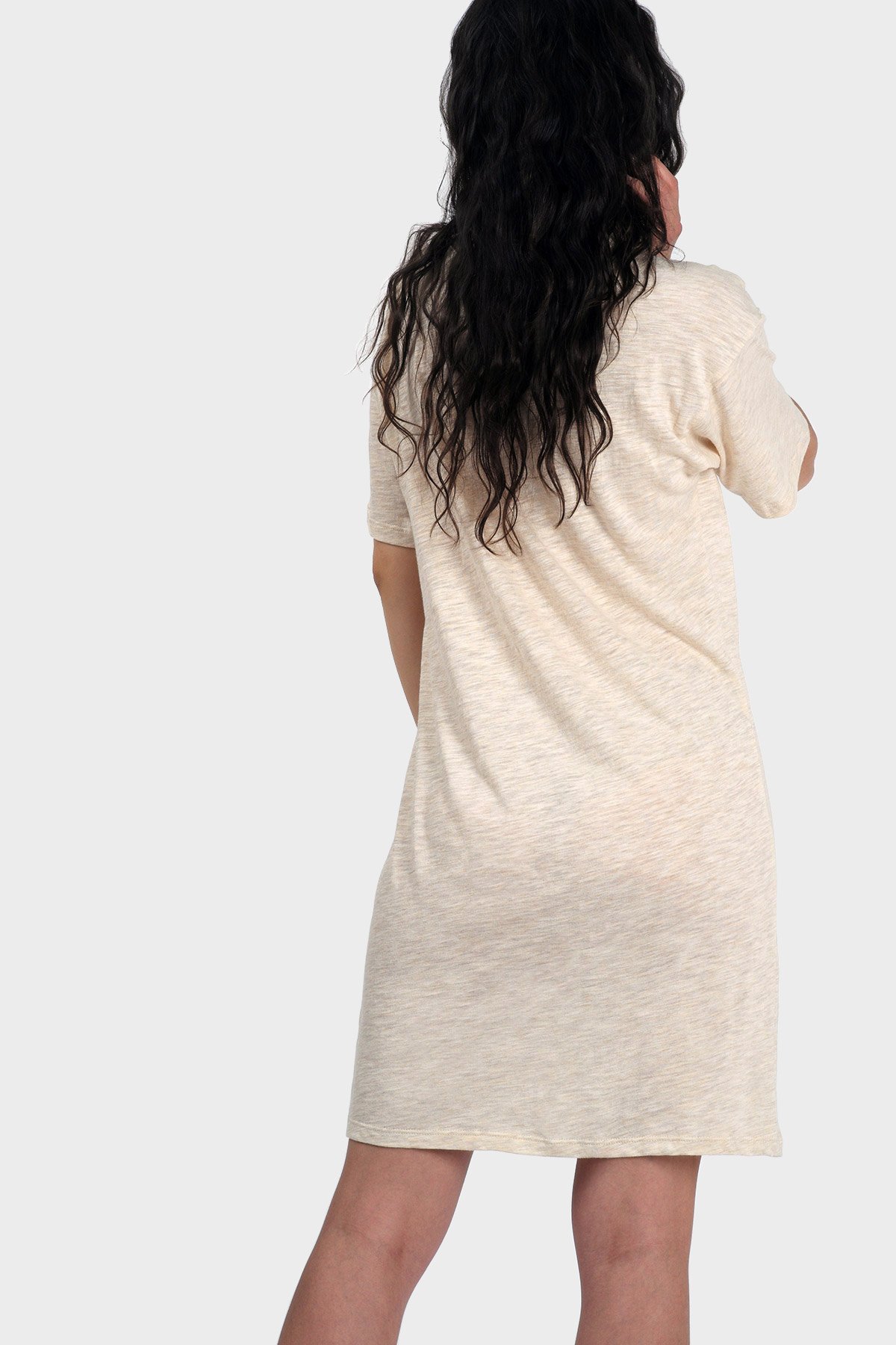 MIKA Organic T-Shirt Dress featuring a relaxed fit, v-neck, and above-knee length, made from organic cotton and bamboo rayon.