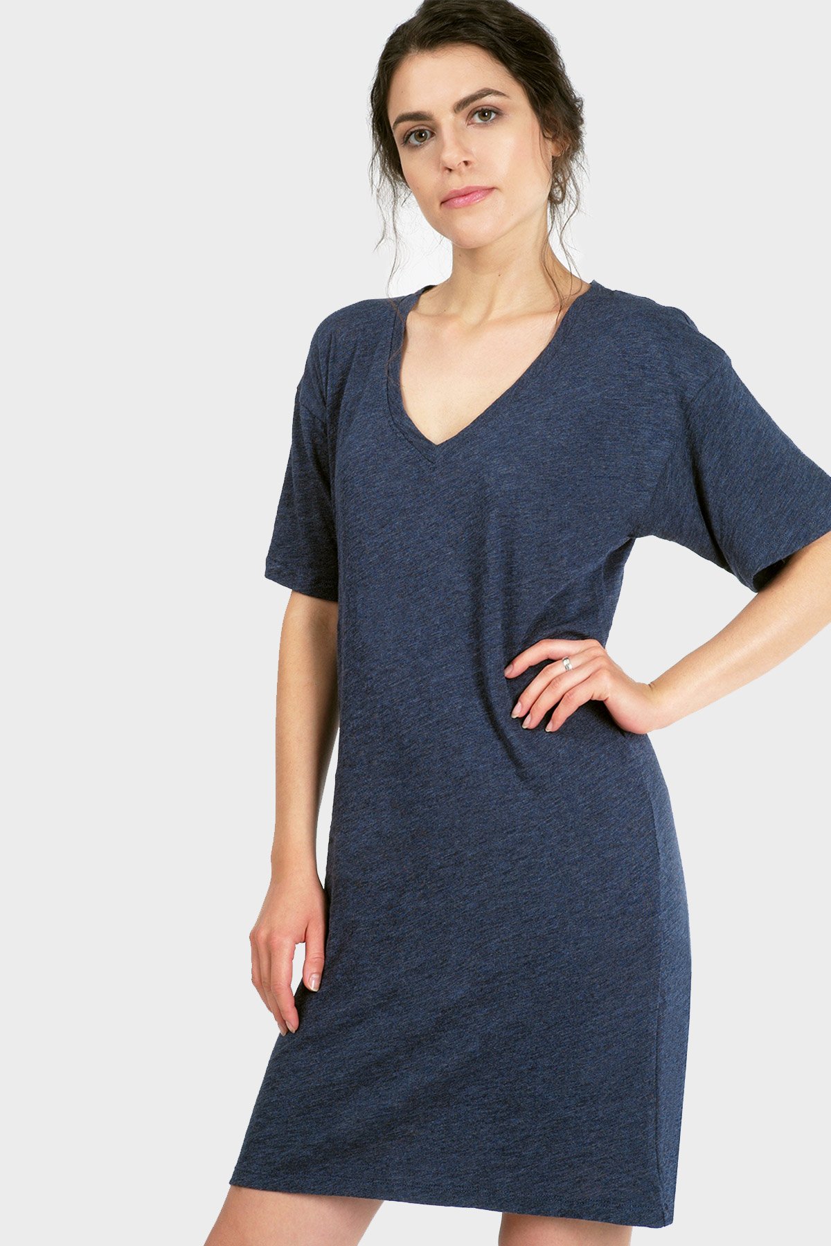 MIKA Organic T-Shirt Dress in a relaxed fit with v-neck, made from organic cotton and bamboo rayon, perfect for casual outings or lounging.