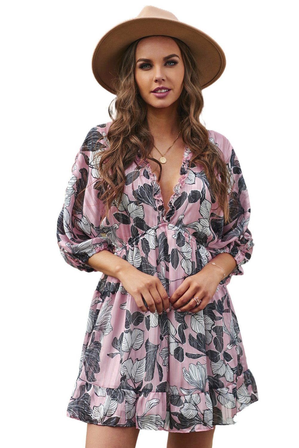 Multicolor Ruffle Tiered V Neck Floral Babydoll Mini Dress with floral print and ruffle details, perfect for summer outings.