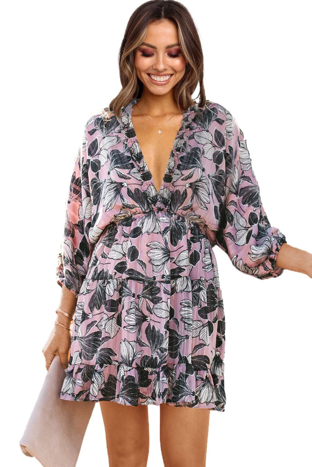 Multicolor Ruffle Tiered V Neck Floral Babydoll Mini Dress with floral print and ruffle details, perfect for summer outings.