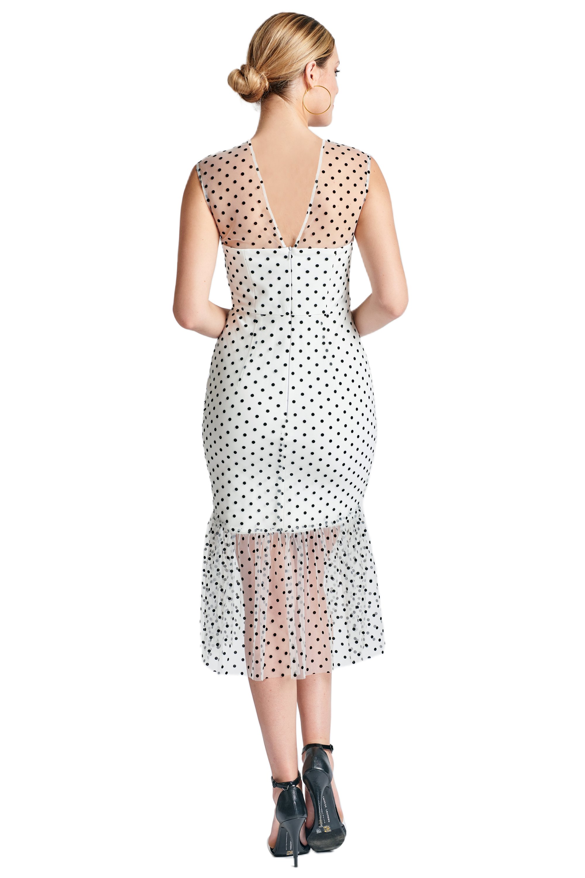 Muse Dress featuring a sleeveless design with elegant polka dot mesh detail, perfect for summer parties.