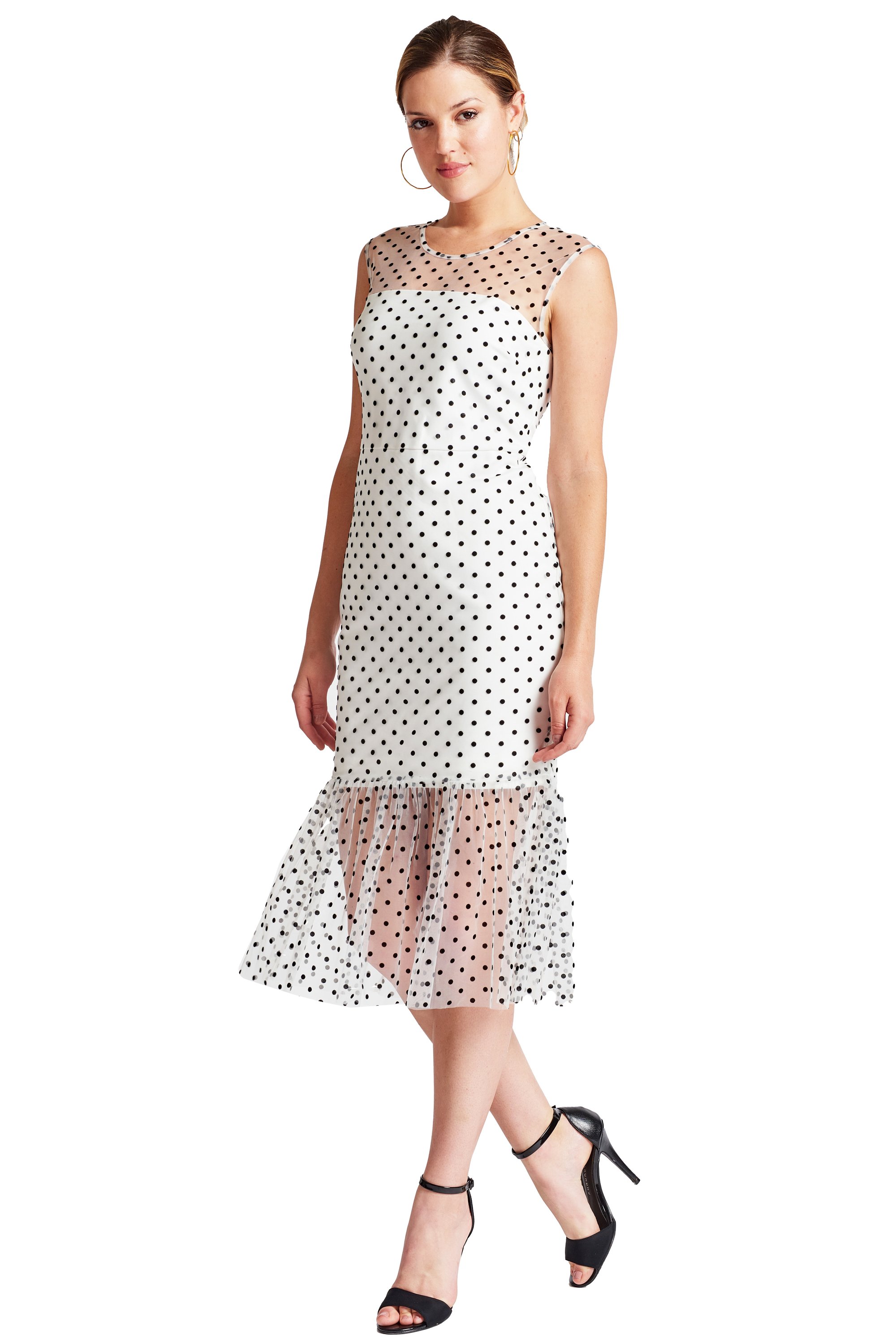 Muse Dress featuring a sleeveless design with elegant polka dot mesh detail, perfect for summer parties.