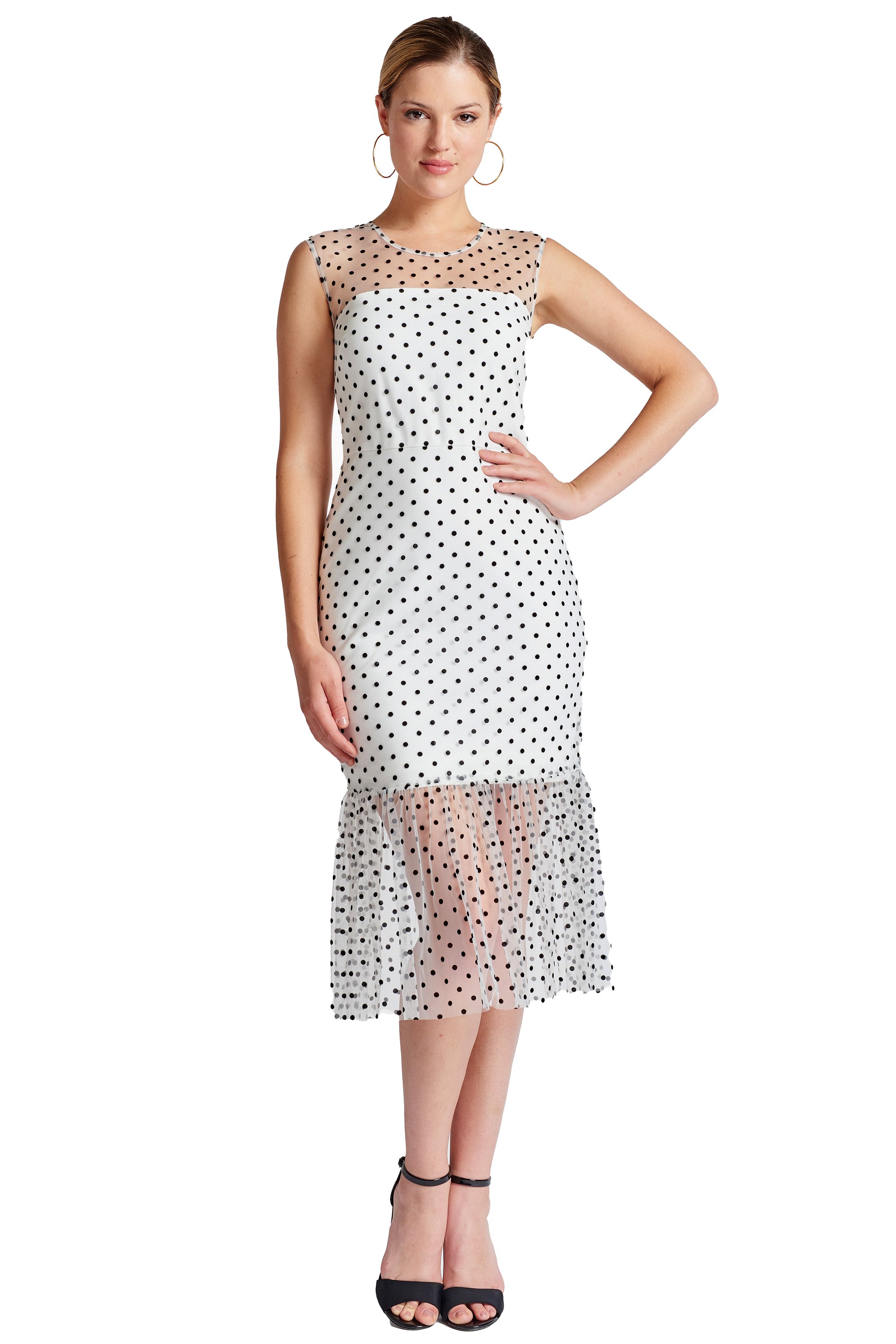 Muse Dress featuring a sleeveless design with elegant polka dot mesh detail, perfect for summer parties.